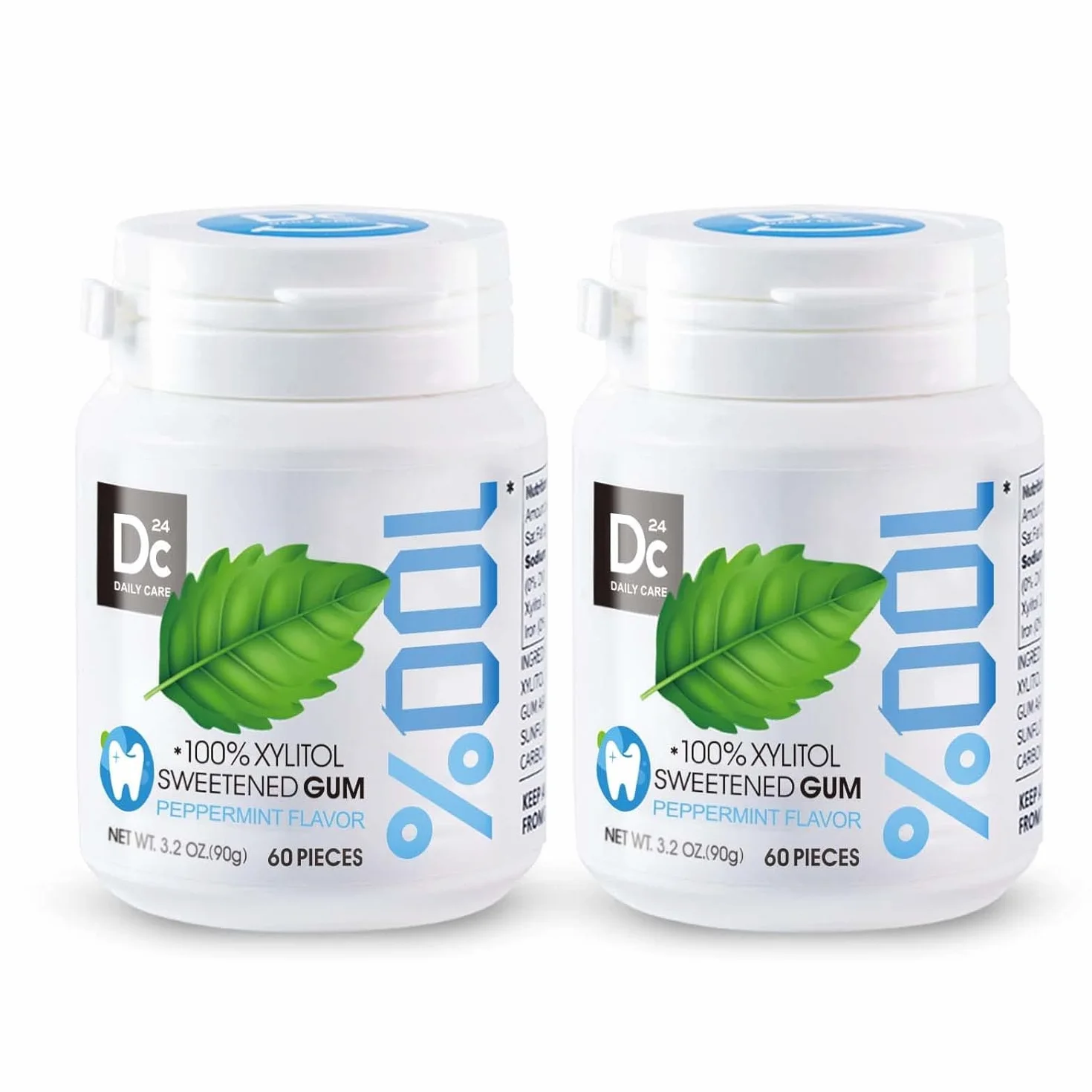 DC24 DAILY CARE 100% Xylitol Gum, sans aspartame, chewing-gum à la menthe poivrée sans sucre, 60 pièces, paquet de 2