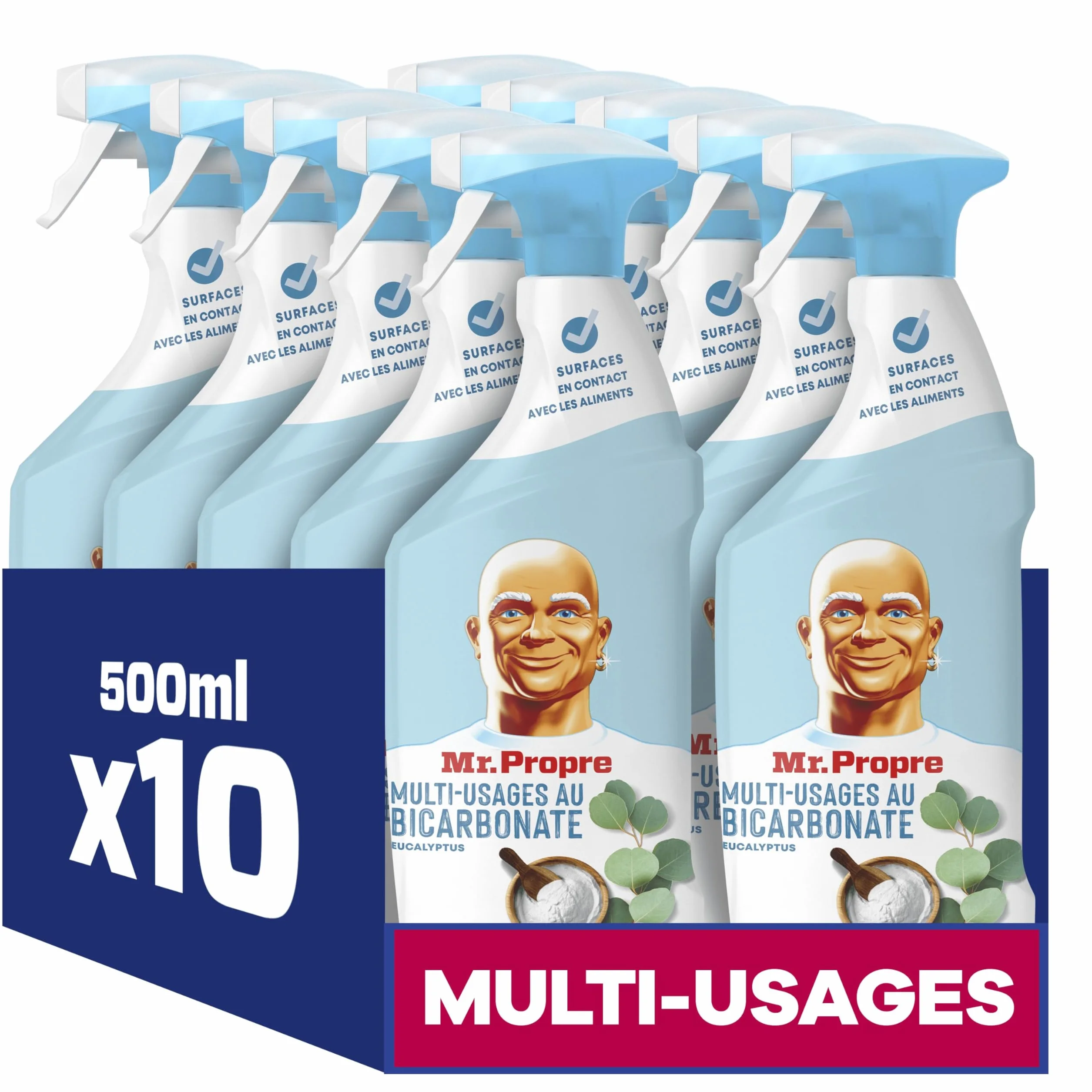 Mr. Propre Spray Nettoyant Multi-Usages, Grand Format (500ml x10), Parfum Eucalyptus avec Bicarbonate de Soude, Élimine 99.9% des Tâches Tenaces, Convient aux Surfaces Alimentaires