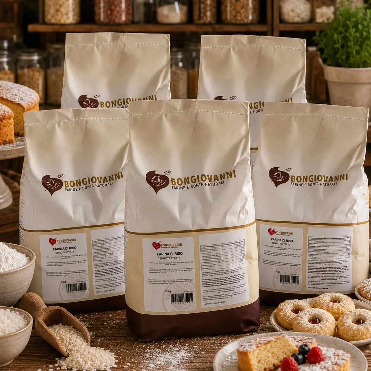Bongiovanni Bontà Naturali Farine de Riz Traitée Thermiquement Sans Gluten Saveur Naturelle en Poudre 5 kg