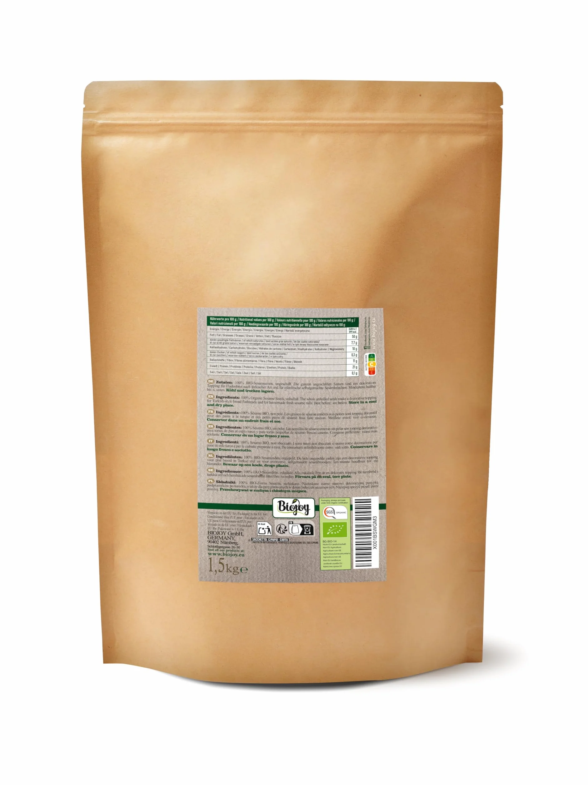Biojoy Sésame BIO non pelé (1,5 kg), entier et cru, graines de sésame blanc, sans additifs
