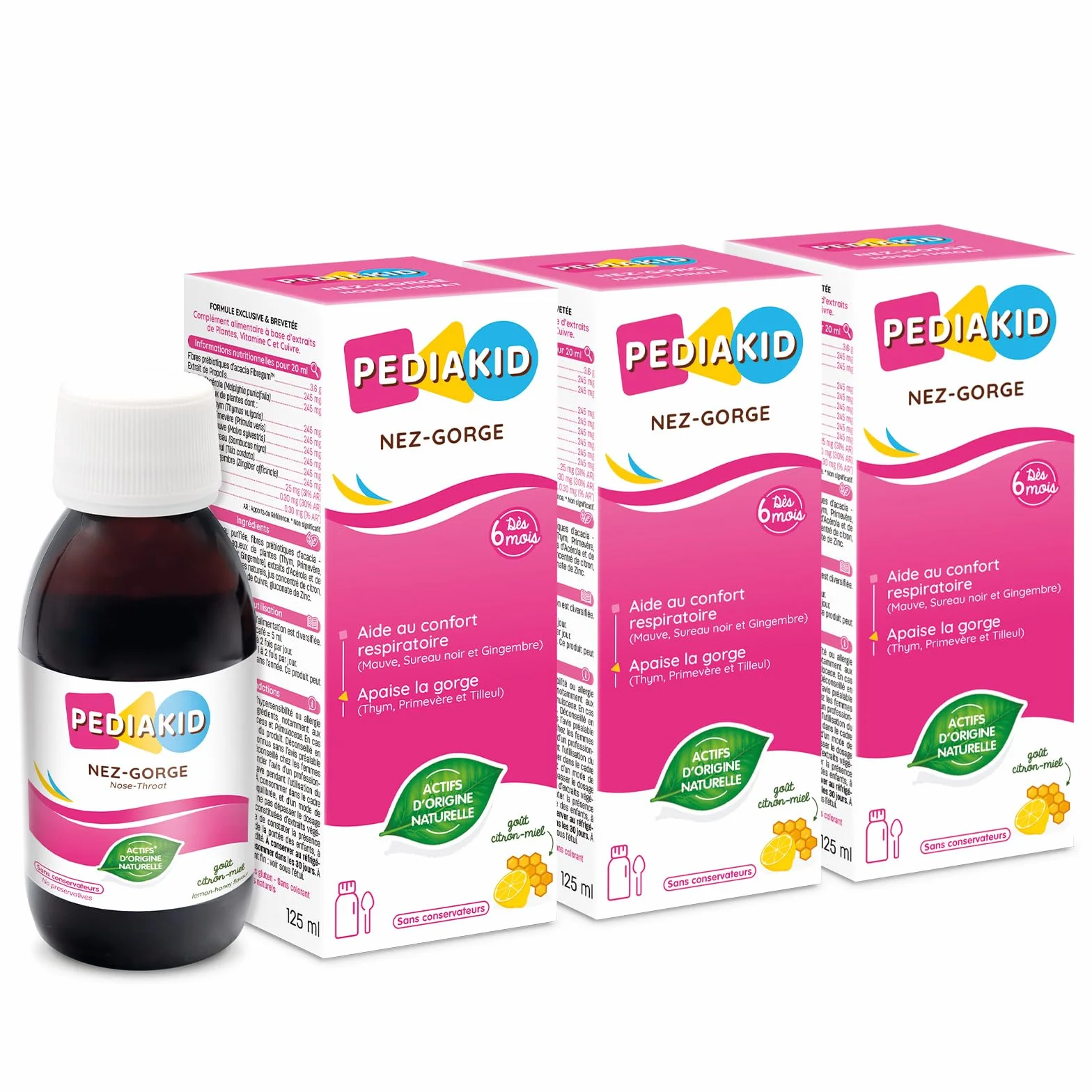 PEDIAKID - Sirop Nez-Gorge - Apaise & dégage les voies respiratoires - Participe au fonctionnement du système immunitaire - Thym, Tilleul, Sureau, Gingembre, Vitamine C & Cuivre - Lot de 3