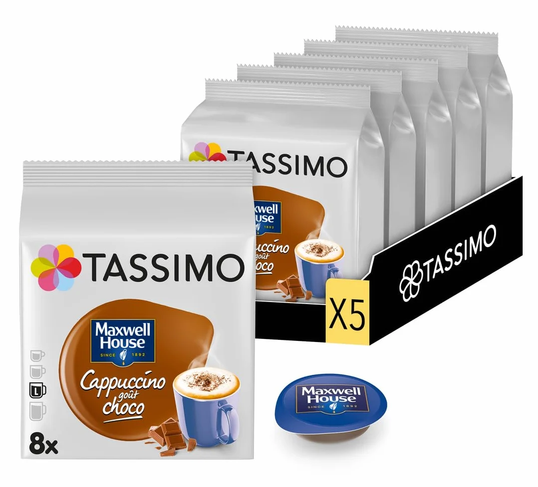 Tassimo, 40 Dosettes, Cappuccino goût Choco Maxwell House , Compatibles avec les machines TASSIMO, 40 Cappuccino goût choco, Généreux et Gourmand, 5 packs de 8 dosettes