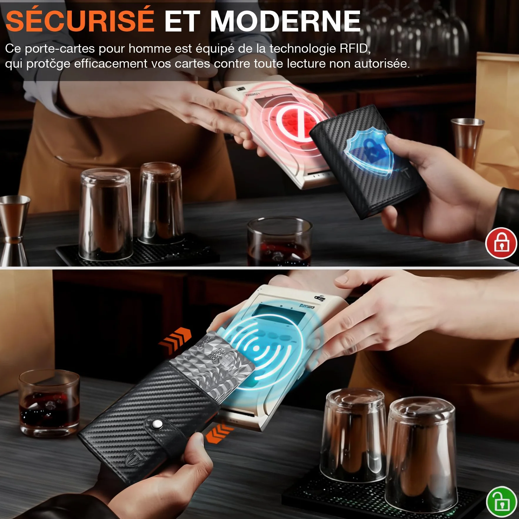 Portefeuille Homme Fibre de Carbone RFID Blocage Noir Orange