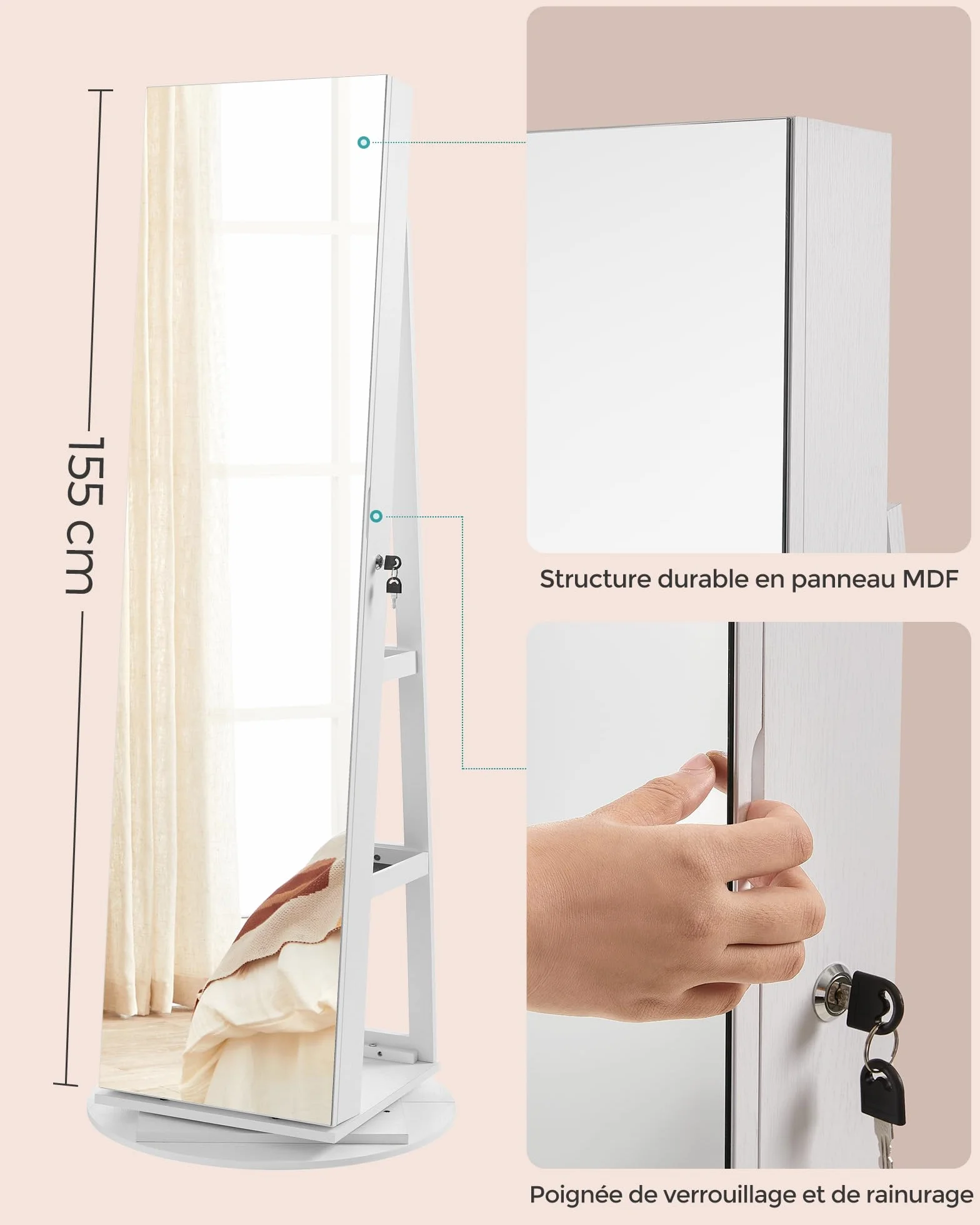 SONGMICS Armoire à Bijoux avec Miroir sur Pieds, Verrouillable, 6 LED, Pivotant 360°, 3 Étagères, Blanc, Noir