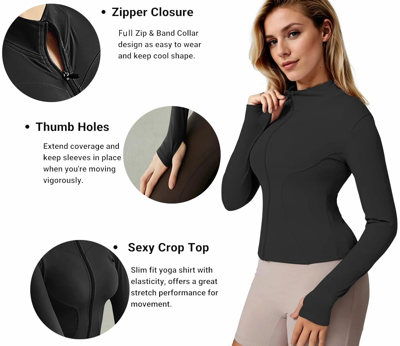 Pull à Manches Longues pour Femme Demi-Fermeture éclair Trou Pouce Yoga