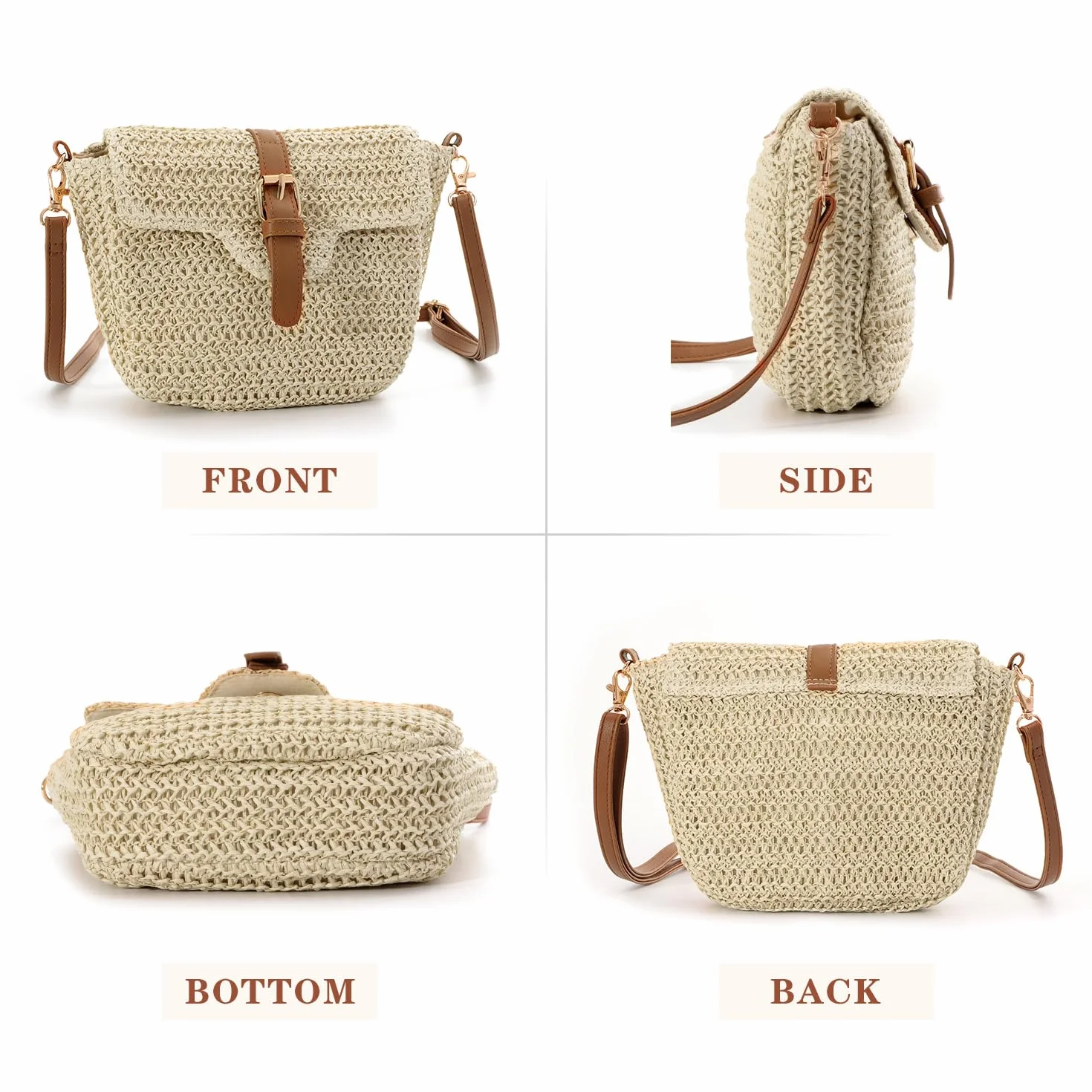 Sac à Bandoulière en Paille Beige pour Femmes - Boucle de Plage Tissé