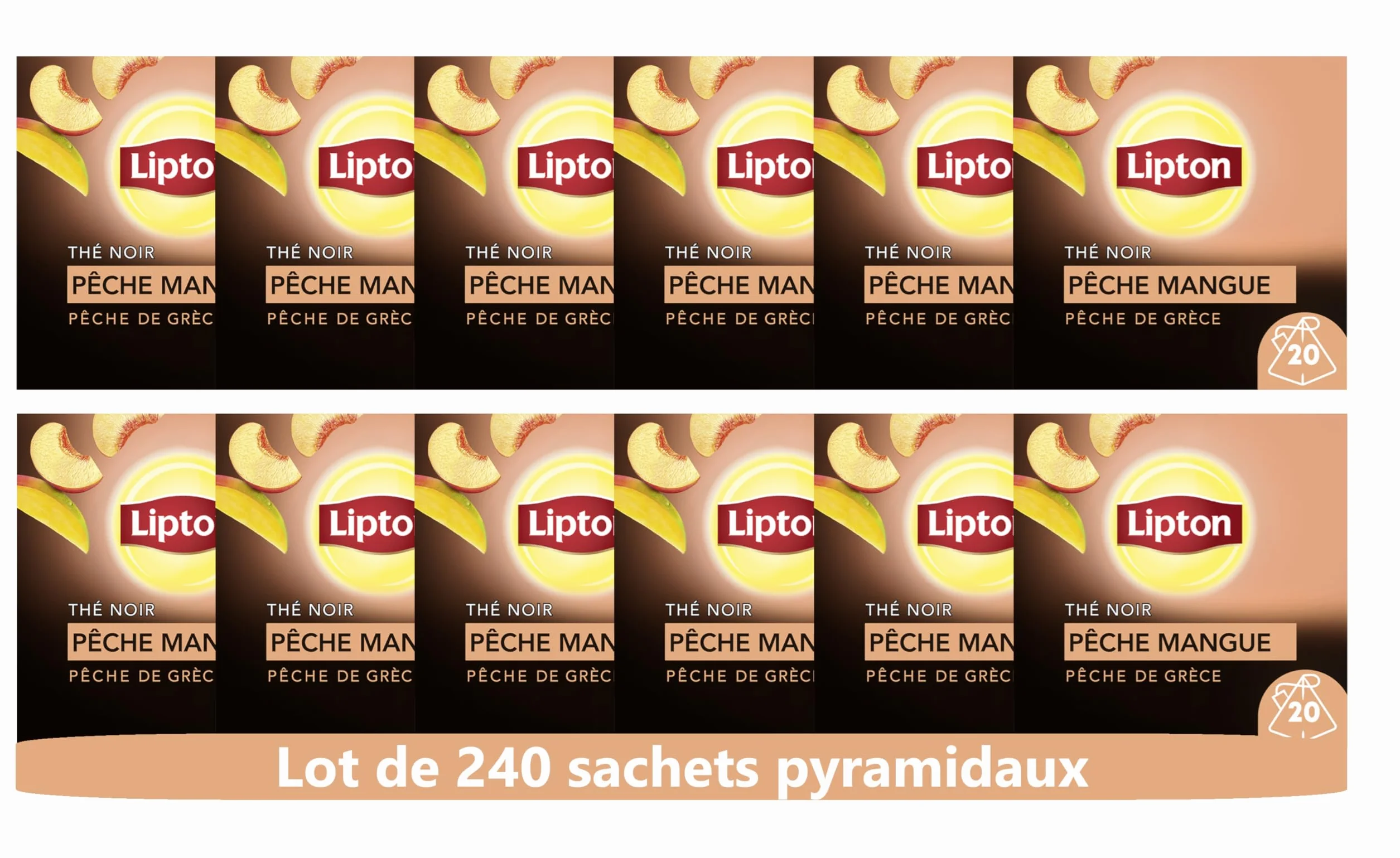 Lipton, Thé Noir Pêche Mangue de Grèce, Goût Frais et Equilibré, Thé Noir 100% d'Origine Naturelle, Vitalité, 12x20 sachets, 240 Sachets