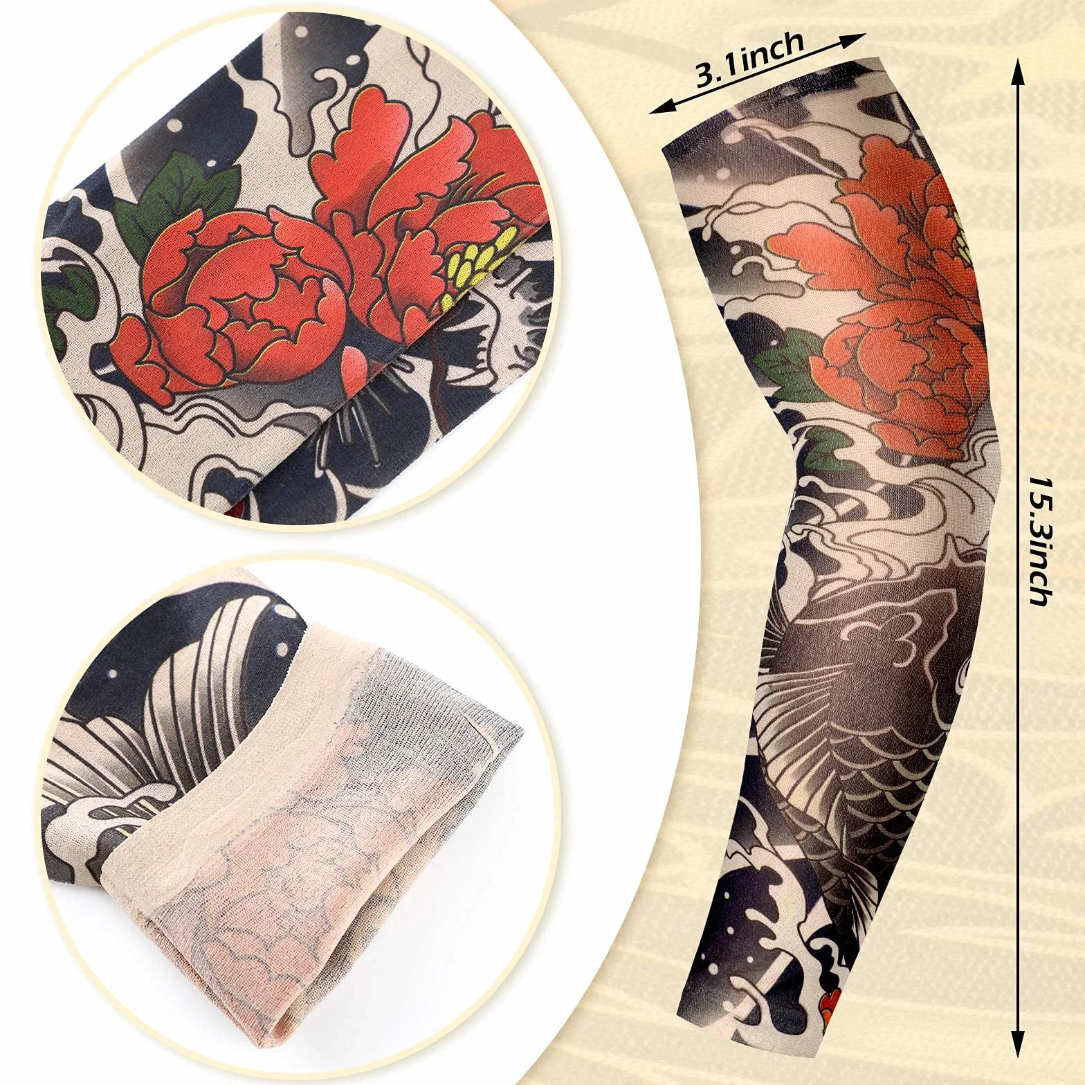 BBTO Set de 12 Pièces Manchons de Bras de Tatouage Faux Manchettes de Protection Solaire Gants de Bras de Fleur à Élasticité Douce de Cyclisme