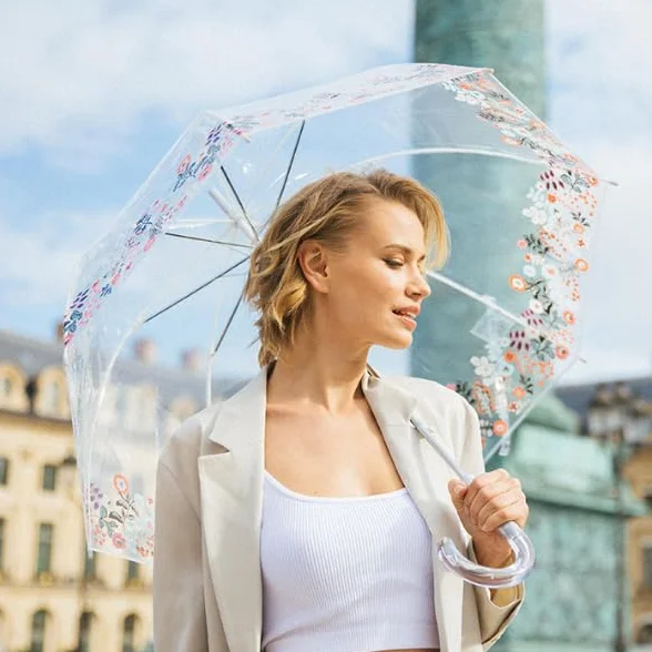 SMATI Parapluie Long Transparent Forme Cloche Solide Ouverture Automatique 85cm Poignée Transparente Femme Dentelle Colorée