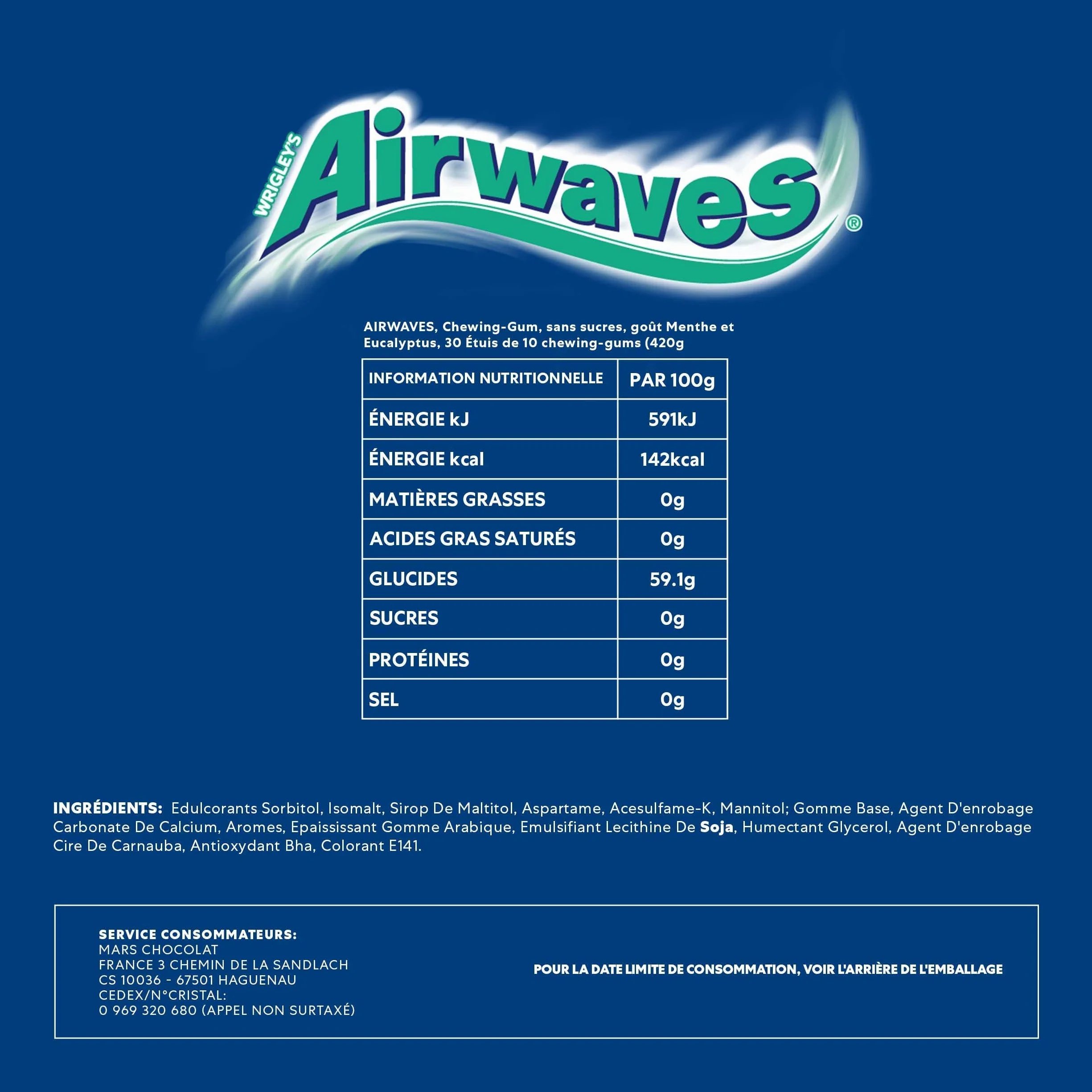 AIRWAVES Chewing Gum Sans Sucre Goût Menthol et Eucalyptus 30 Paquets 300 Dragées 420g