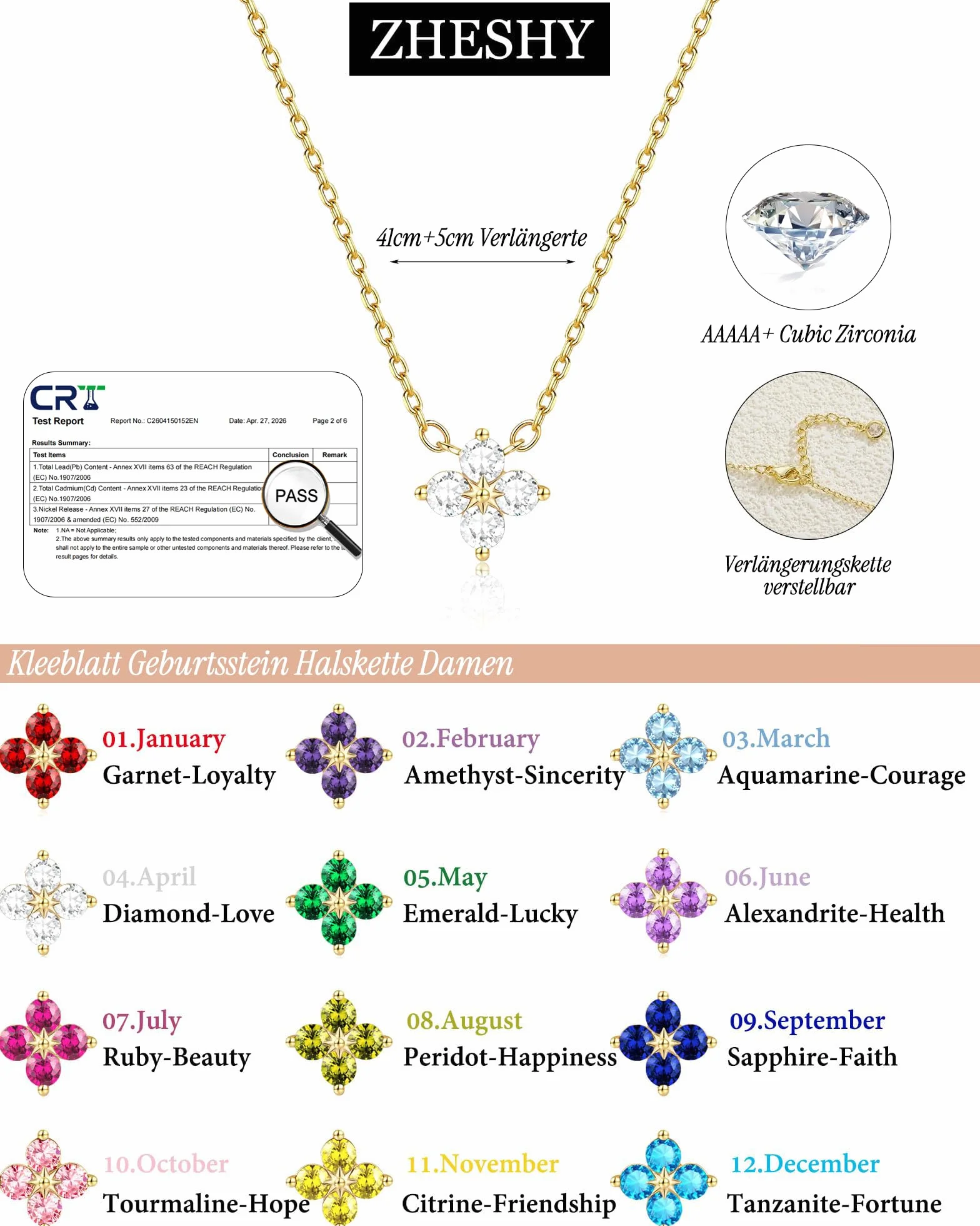 Collier Femme Or Plaqué Or 14k Zircone Cubique Trèfle 4 Feuilles Réglable Imperméable Cadeau