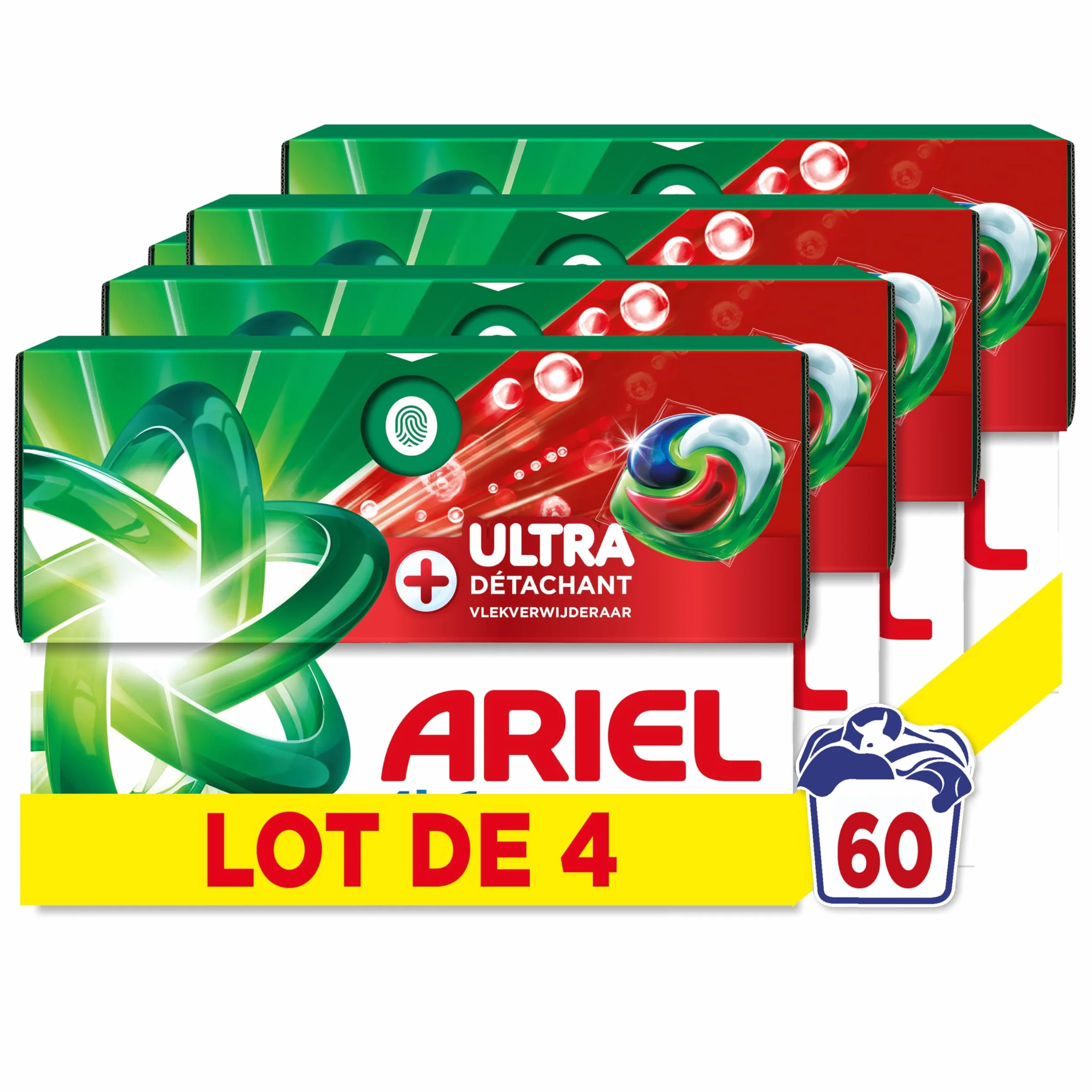 Ariel Pods 4en1 +Ultra Détachant, Lessive en Capsules, 60 Lavages (15x4), Élimine Même les Tâches Incrustées Depuis 7 Jours, Dissolution Rapide Même à Froid, Fabriqué en France