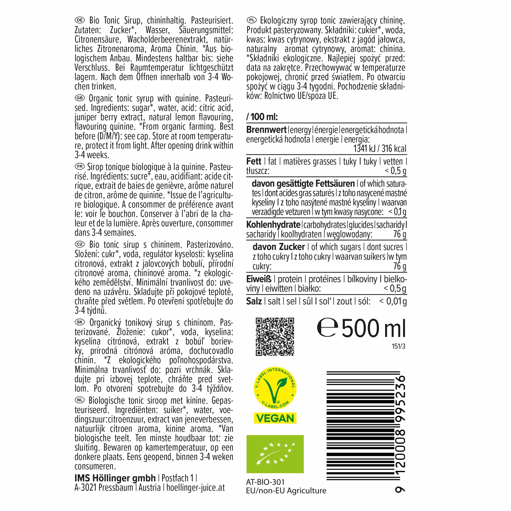Höllinger sirop à cocktail bio Virgin Tonic - Vegan, bouteille en verre 3x500ml - cocktail sans alcool