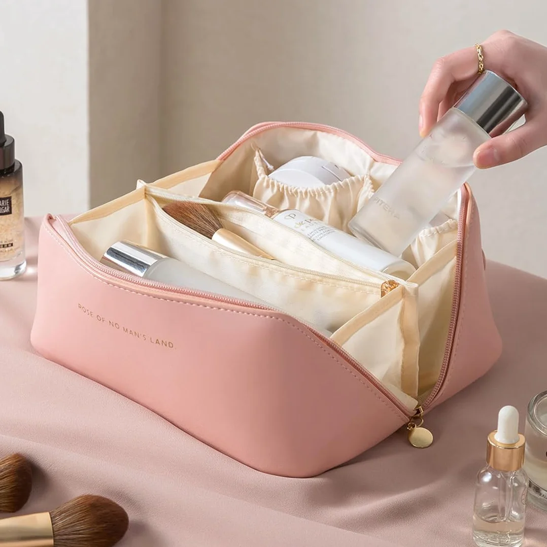Trousse de Toilette Voyage Grande Capacité Imperméable PU Rose avec Poignée