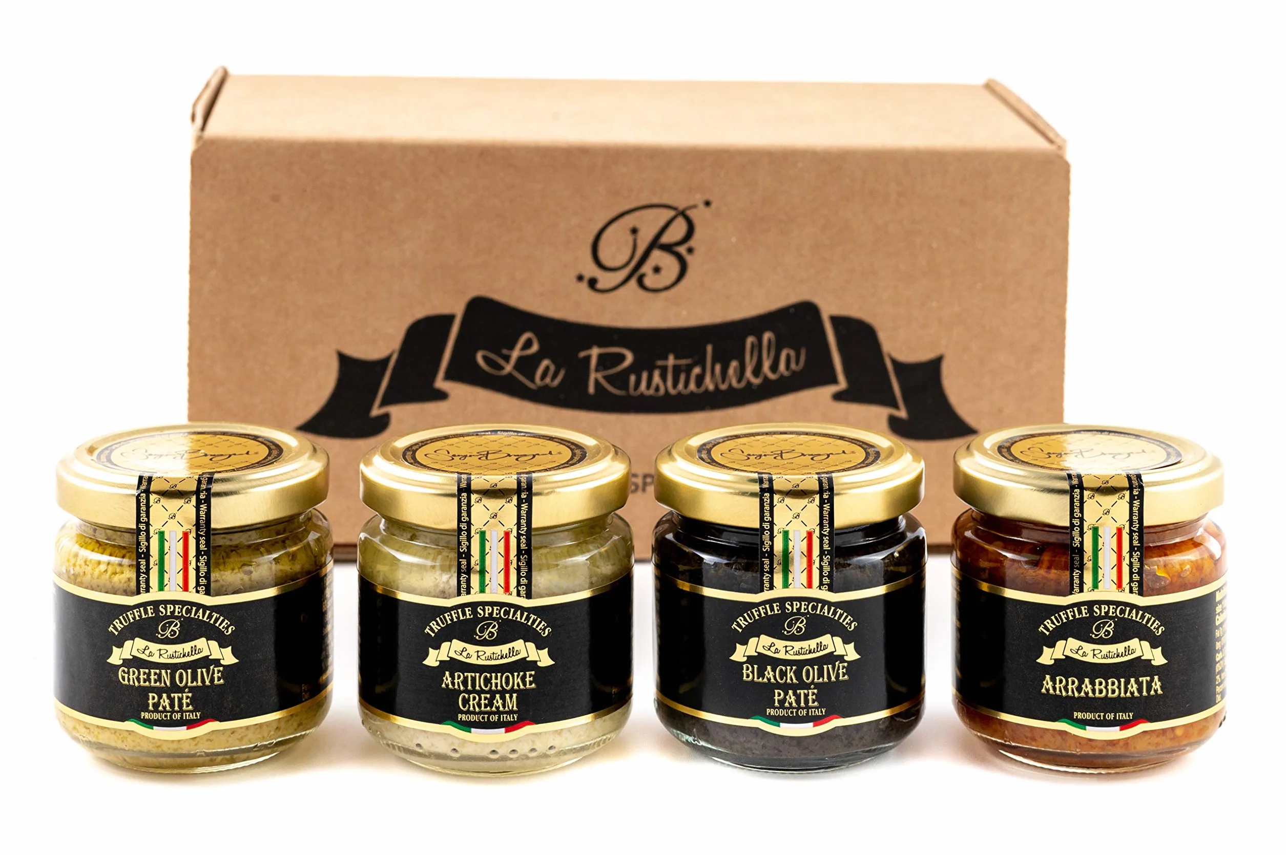 La Rustichella - Set Crème d'Artichauts 90g, Pâté d'Olives Vertes 90g, Pâté d'Olives Noires 90g et Pâté d'Arrabbiata 90g, Vegan, Sans Gluten, Sans Cholestérol - Délices Italiens