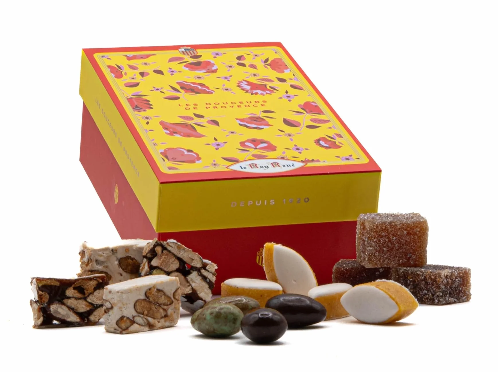 LE ROY RENÉ Epicerie Fine - Boite Assortiment de confiseries de Provence Petits calissons d'Aix, petits nougats blanc et noir, pâtes de figues et d'abricots, amandes enrobées.