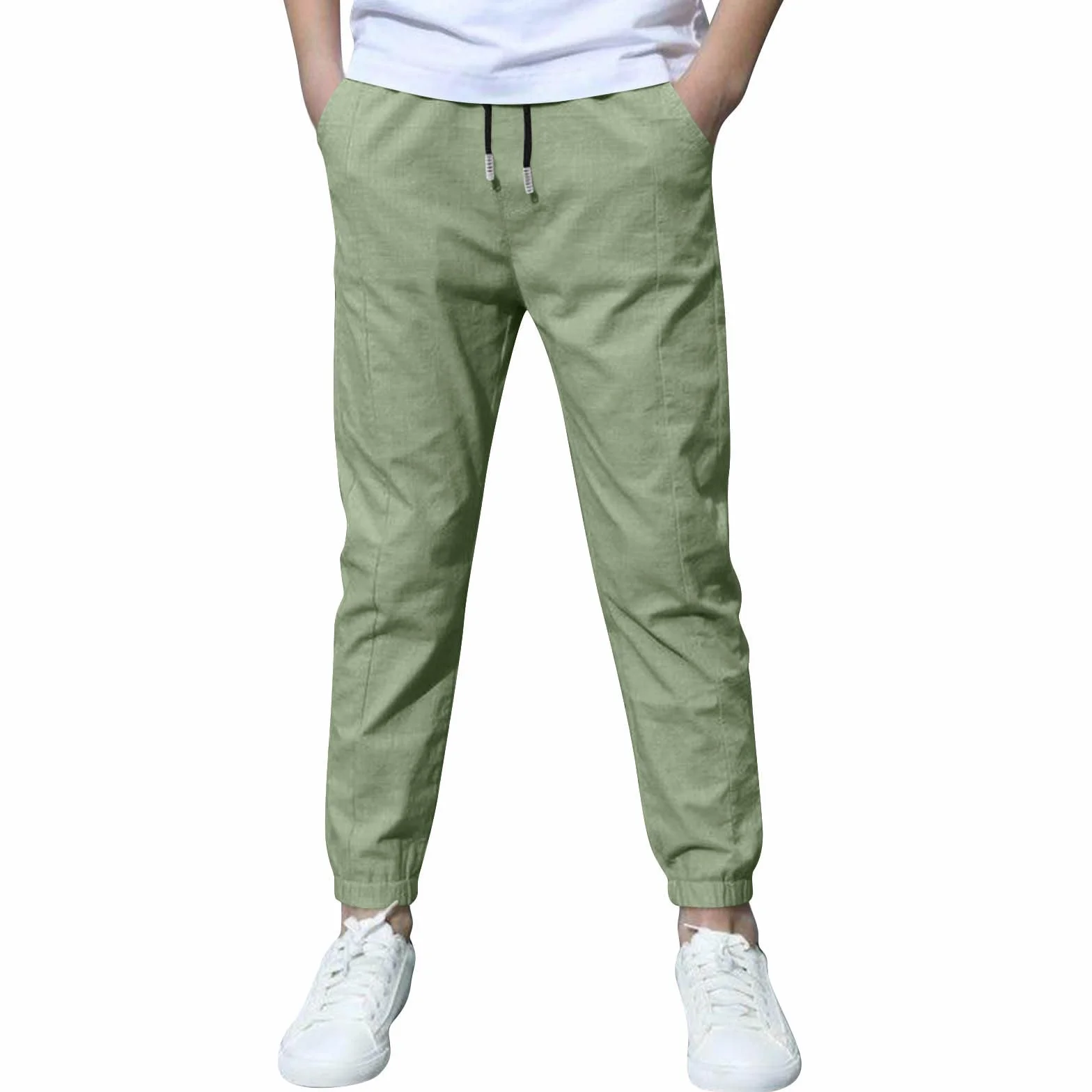 Pantalon Lin Enfant Garçon 4-17 Ans Léger Été Sport Casual Respirant avec Cordon Taille Elastique Poches