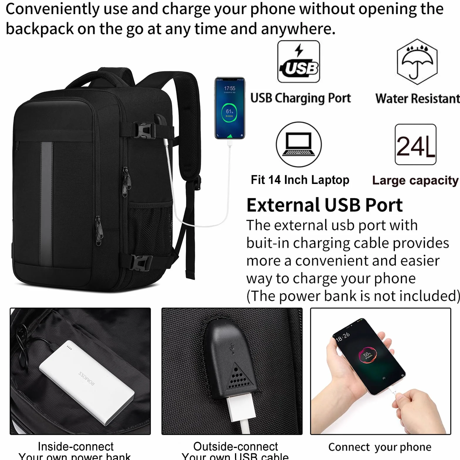 Sac à Dos 40x30x20 Cabine Avion 24L Pour Ryanair Wizzair Eurowings avec Port USB Ordinateur Portable 14 Pouces Noir