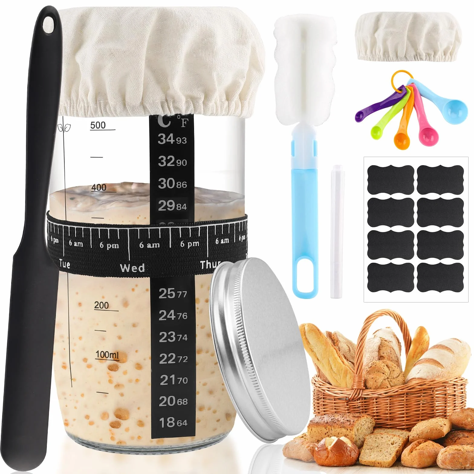Kit Pain au Levain 730 ml – 8 pièces incluant bocal en verre, récipient de fermentation, spatule, ruban de marquage, couvercle en tissu cousu – Parfait pour le démarrage du levain