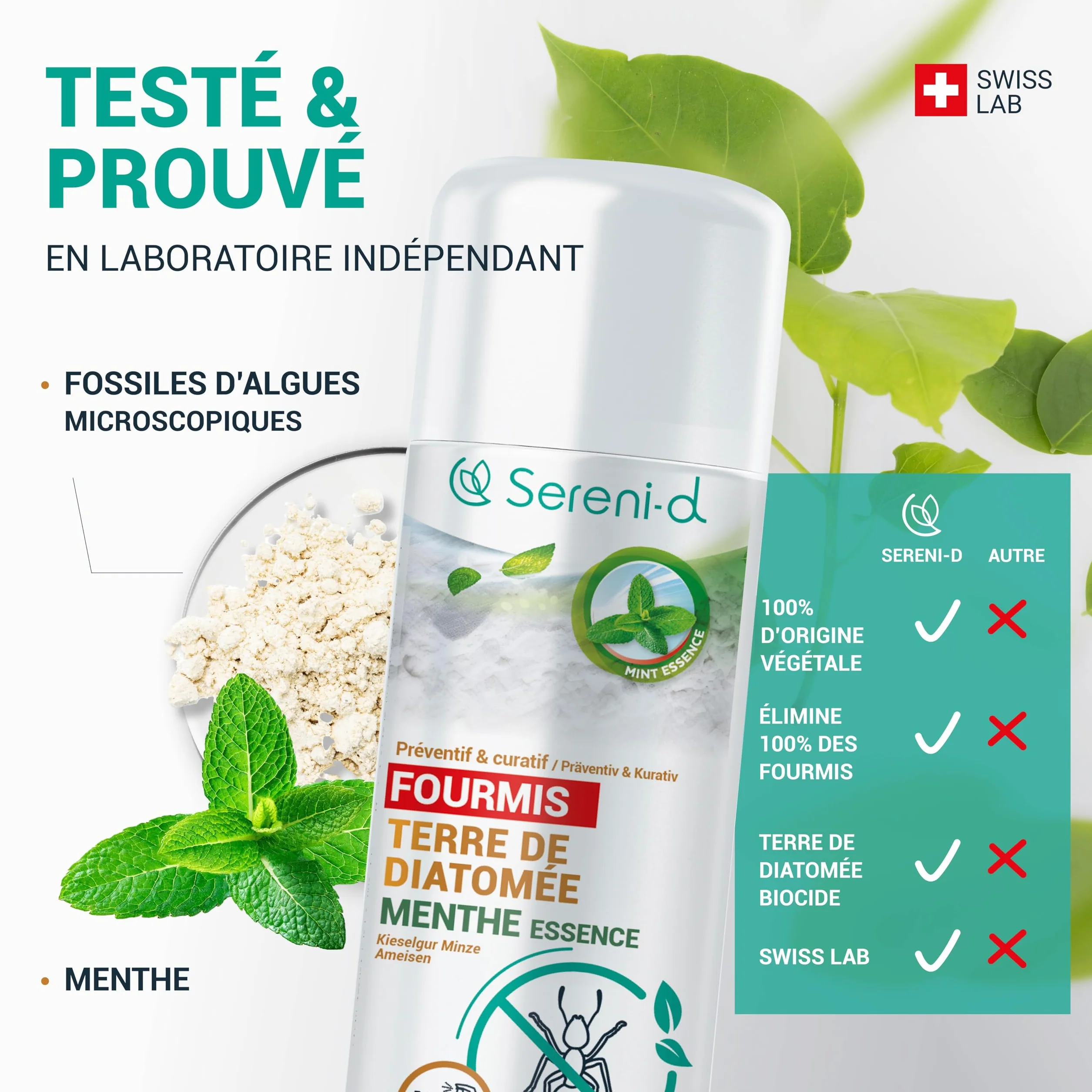 TERRE DE DIATOMÉE MENTHE FOURMIS– EFFICACITÉ FOUDROYANTE – 100% d'ORIGINE NATURELLE - Action IMMÉDIATE et EFFICACE - Swiss Lab