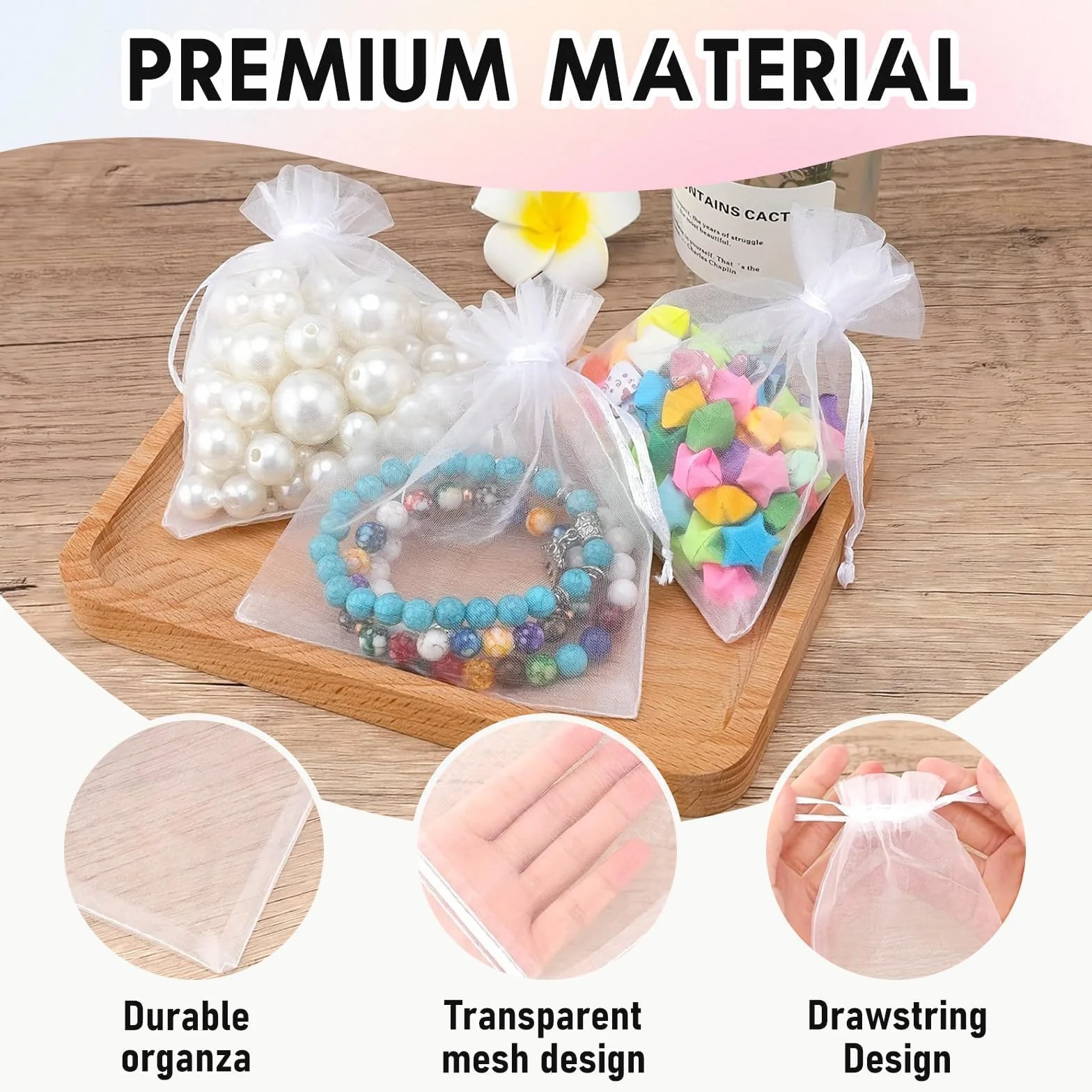 Sachets en Organza Blanc 7x9 cm Lot de 100 - Pochette Cadeau Réutilisable avec Cordon de Serrage pour Bijoux, Mariage
