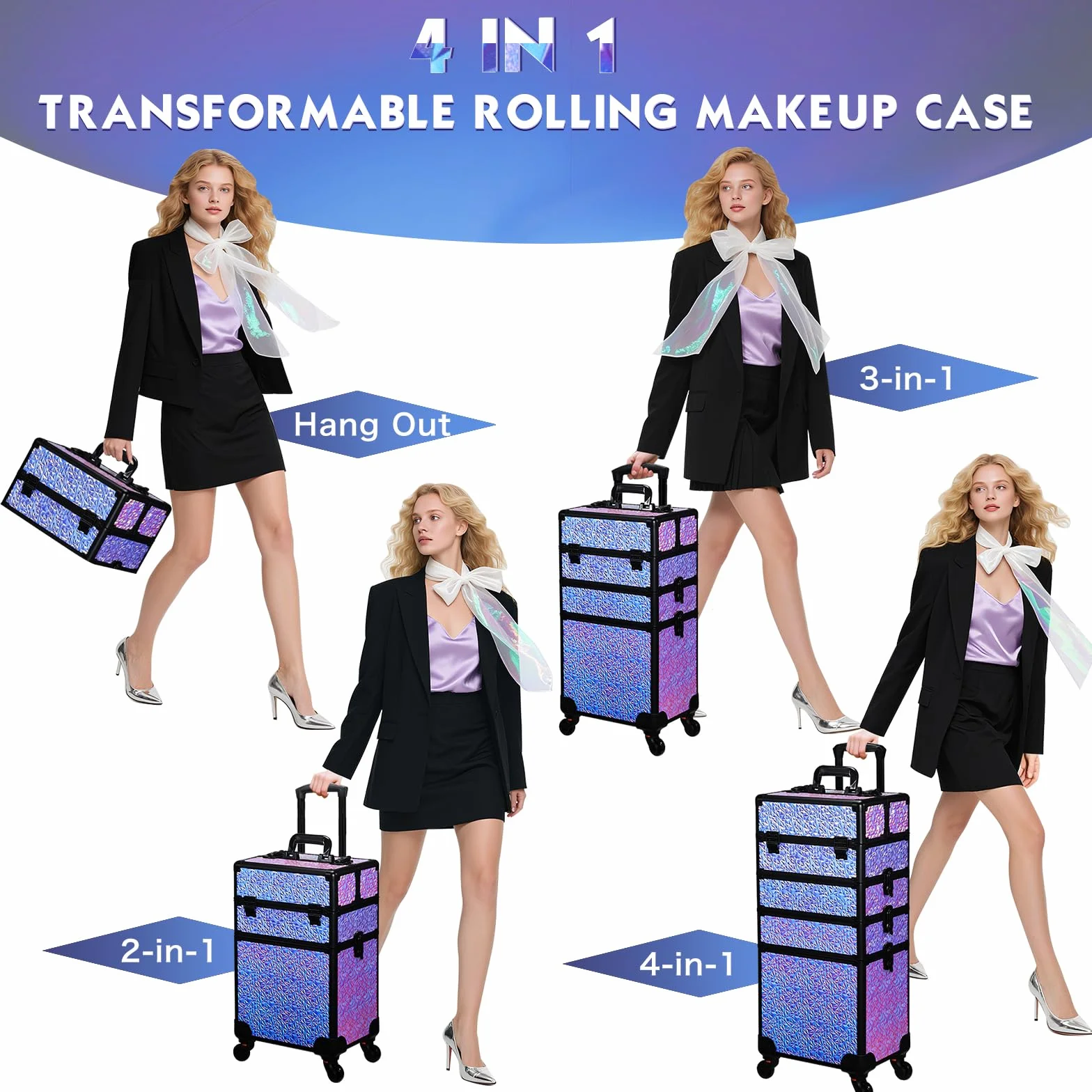 Valise de Maquillage XXL 4-en-1 Cadre Aluminium Violet Dégradé, Mallette Cosmétique Verrouillable à roulettes 360°