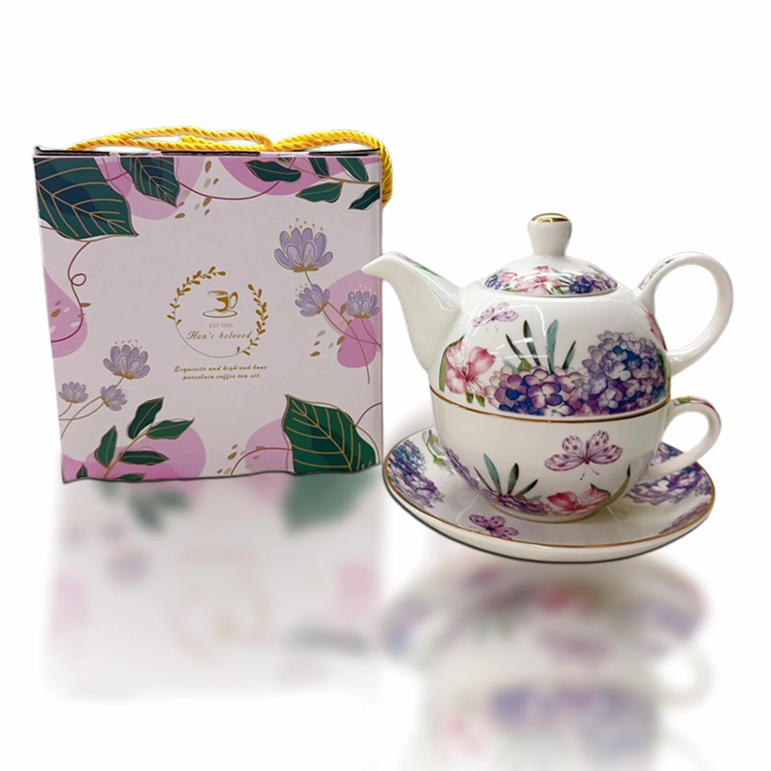 Service à thé pour une personne - Motif floral - Théière en céramique de 400 ml avec tasse de 250 ml - Service à thé en porcelaine pour le thé de l'après-midi - Cadeau pour femme - Vaisselle à café