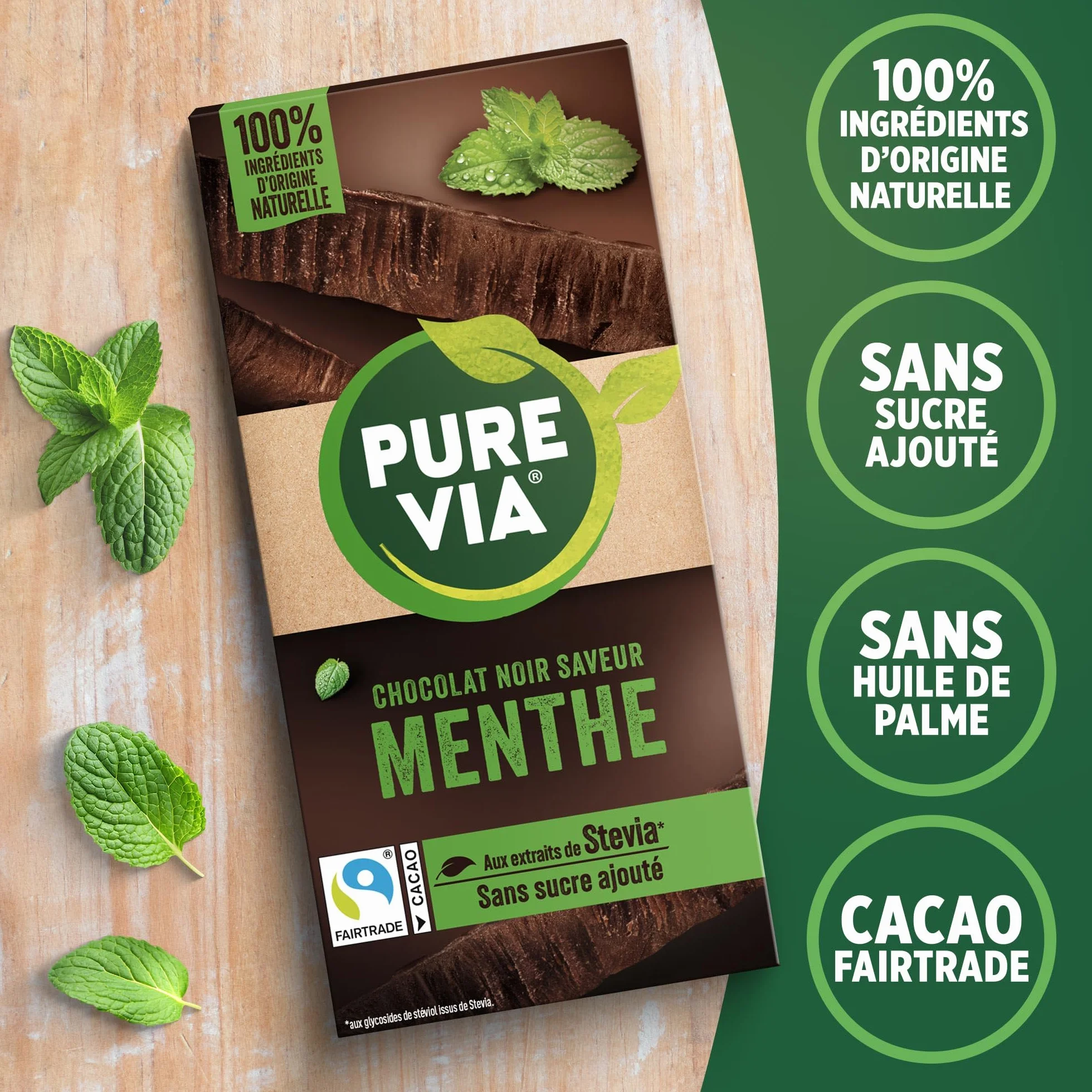 Pure Via Tablette Chocolat Noir Saveur Menthe à la Stevia, Sans sucre ajouté, Équitable 100g