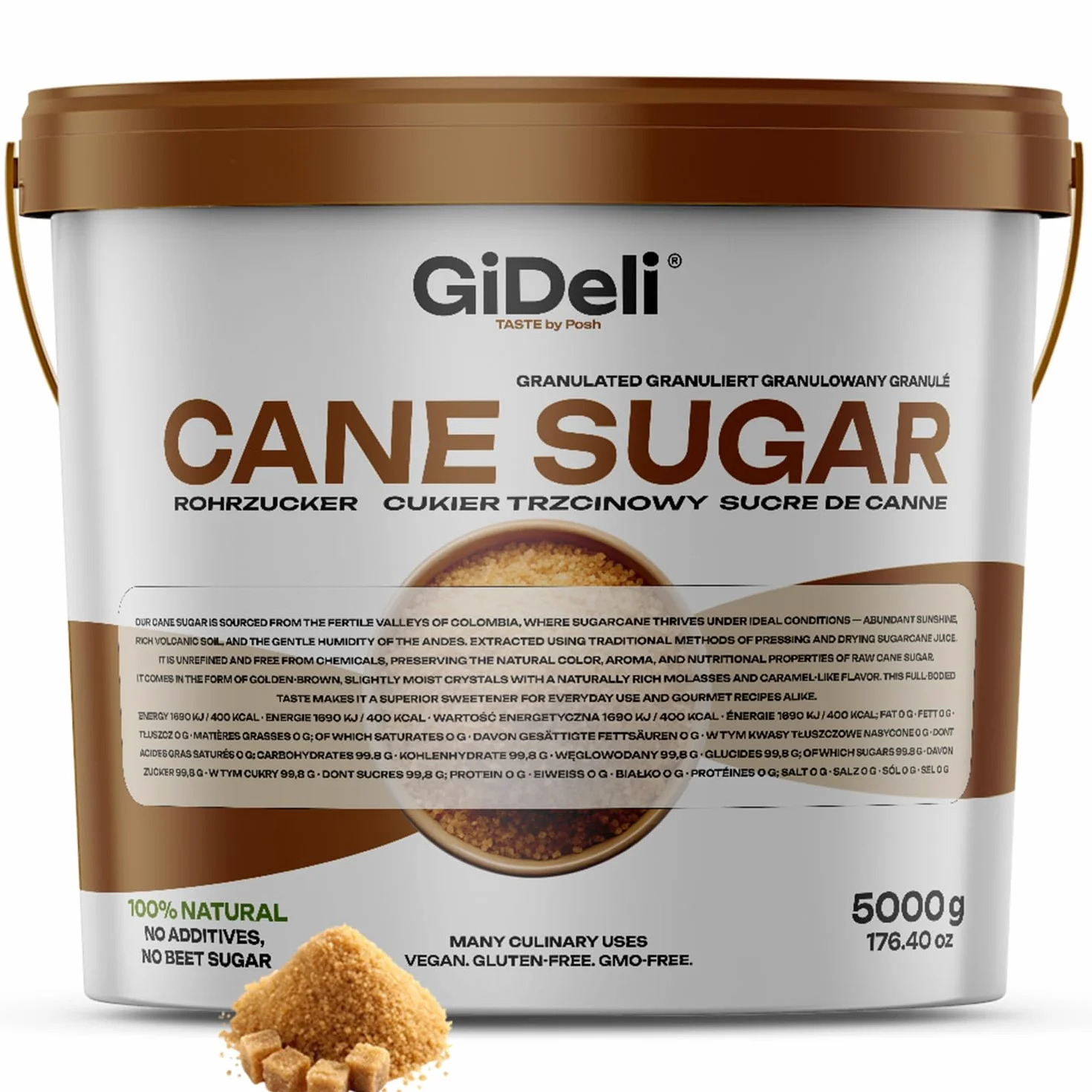 GiDeli Sucre brun 5 kg non raffiné dans un seau