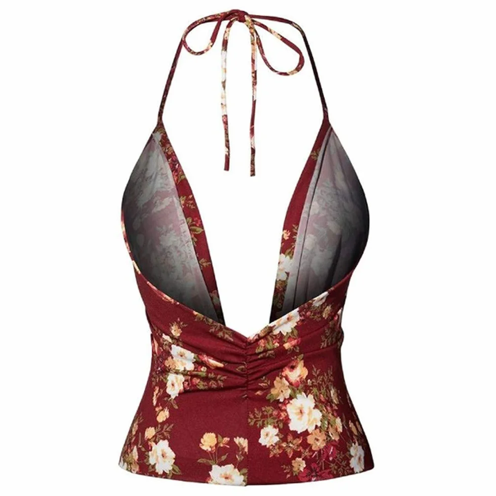DEELIN Femmes Camisole Col en V Halter Dos Nu Imprimé Floral sans Manches