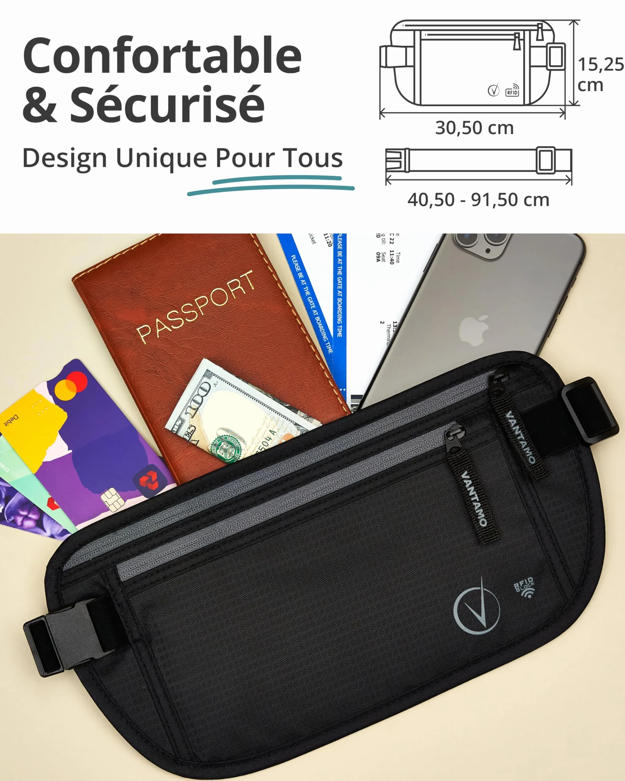 Sac Banane Femme Ultra Fin Protection RFID Antivol Sangle Réglable Ceinture Course à Pied Légère Voyage Sport Pochette Secrète Téléphone Passeport