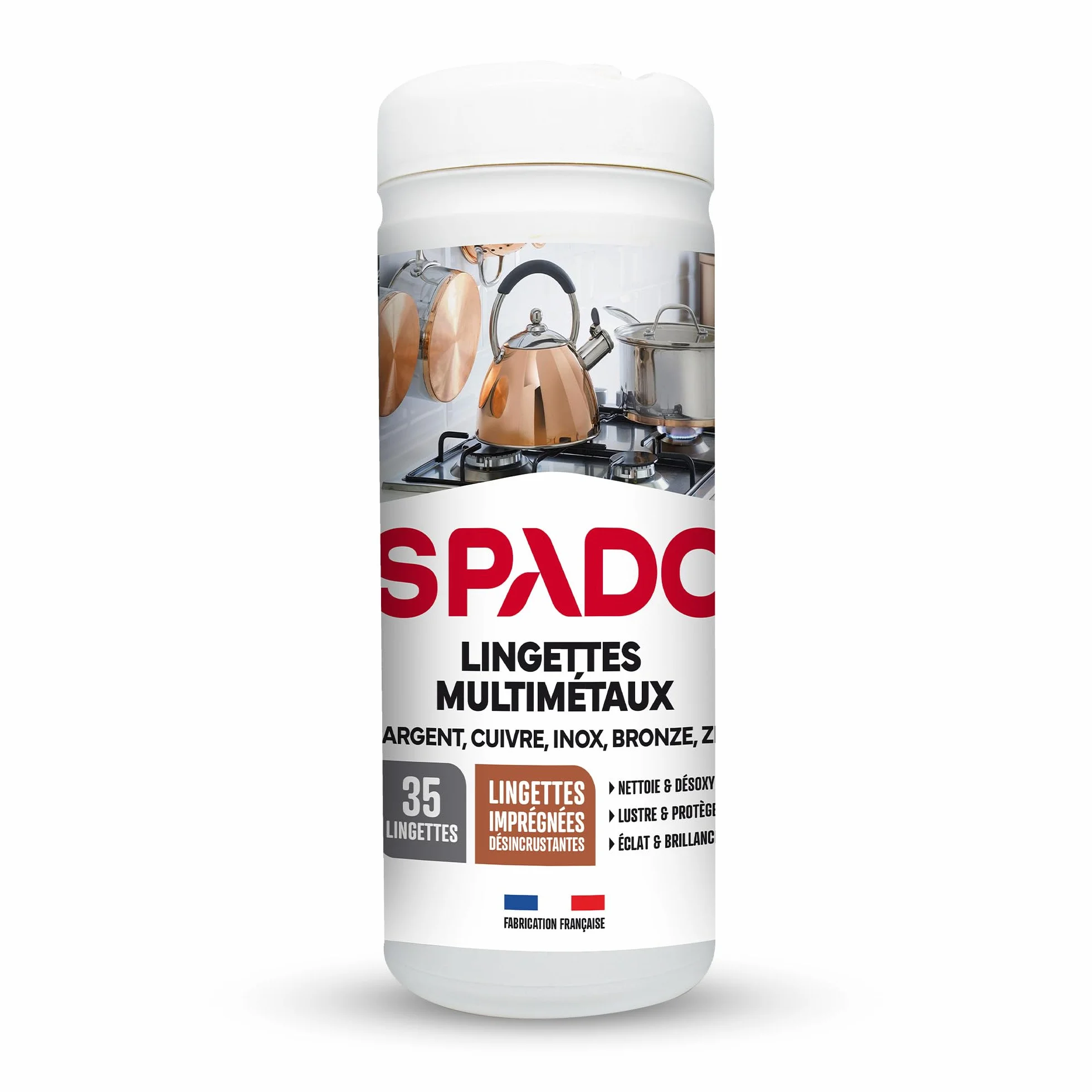 SPADO - Lingettes multi métaux - Nettoie et désoxyde couverts, bijoux, plats et argenterie - Fait briller - Lingette désincrustantes - 35 lingettes - Fabriqué en France