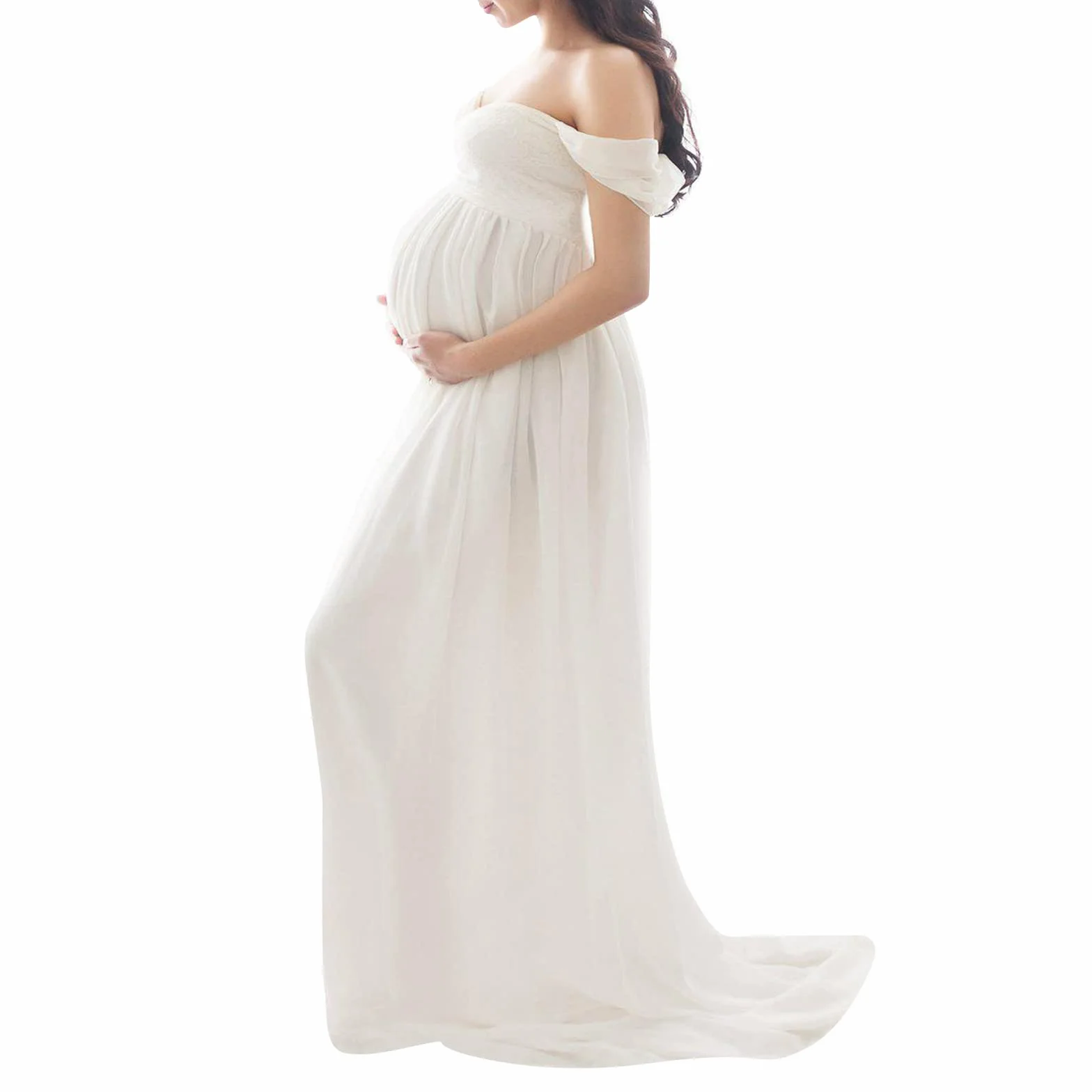Robe de Grossesse Mousseline de Soie Léger Maxi-Longue Epaule Dénudée Photographie