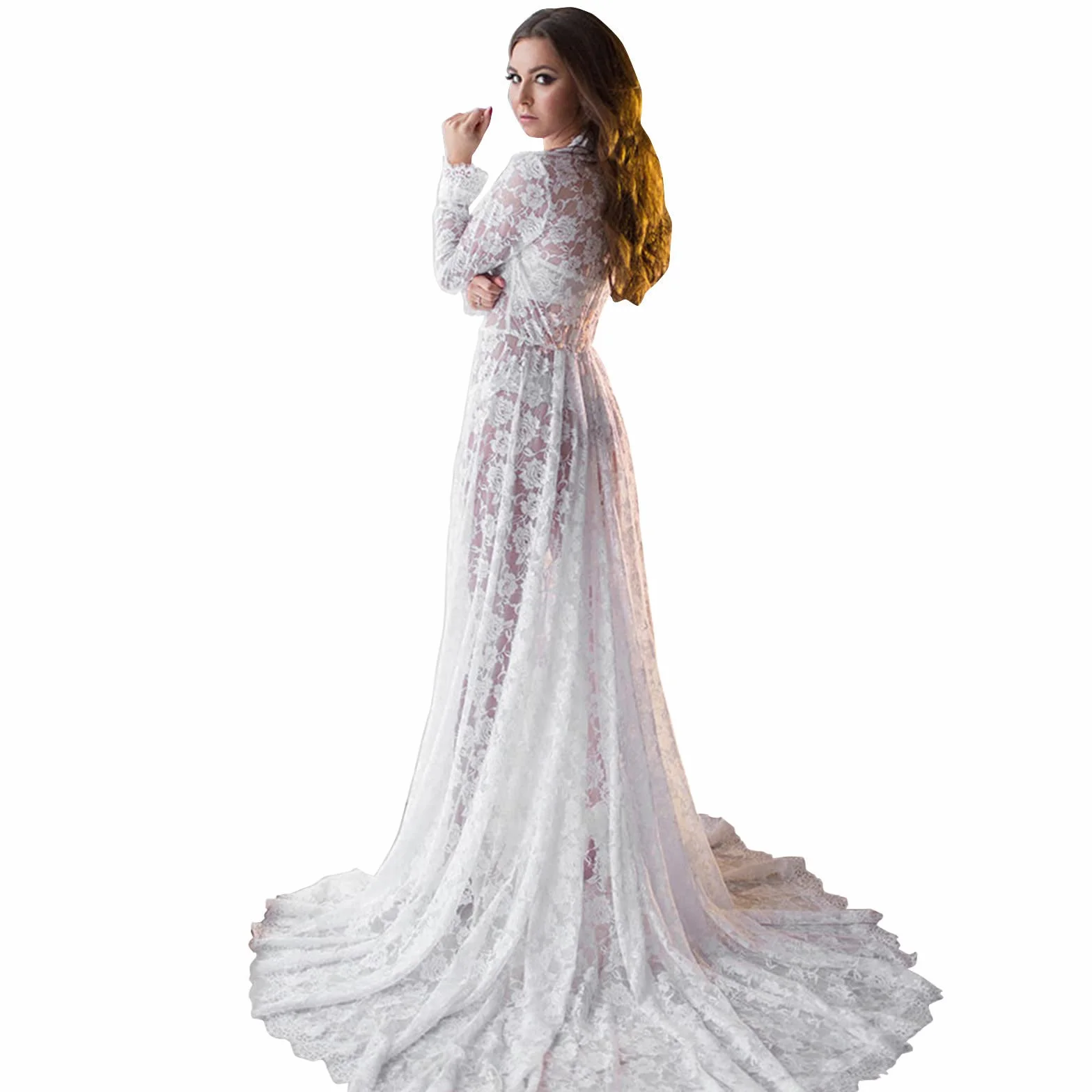 Robe Maternité Dentelle Col en V Manches Longues Shooting Photo Mariage Cérémonie Soirée Chic Femme Enceinte Grande Taille