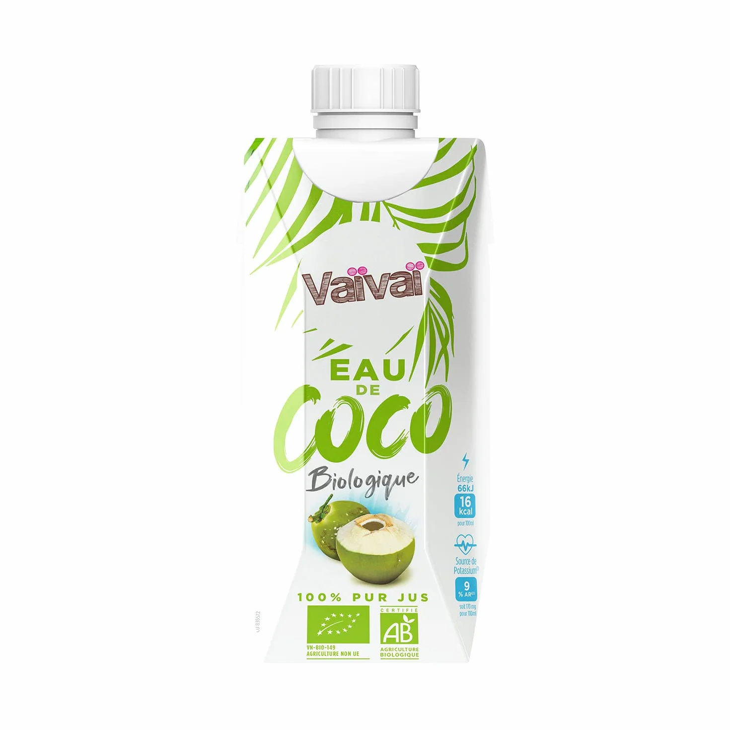 Vaïvaï - Eau de Coco Bio - 100% Pur Jus - Douce et Rafraîchissante - Sans Sucres Ajoutés - 12 Briques Tetra Pak de 33cl