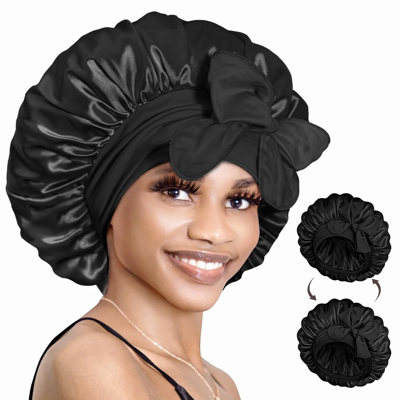 Bonnet Satin Double Couche Réversible pour Dormir Cheveux Bouclés Femmes Hommes