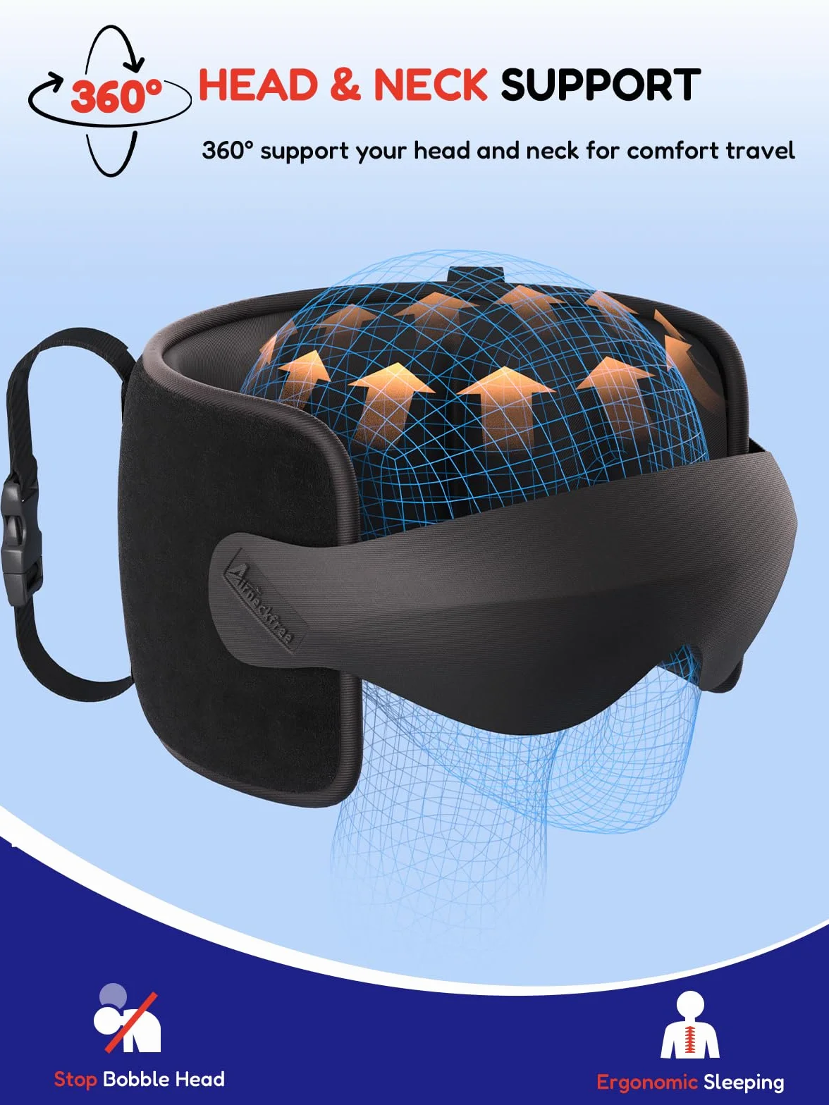 Oreiller de Voyage avec Sangle et Masque 3D Maintien Tête 360° Anti-Basculement Noir