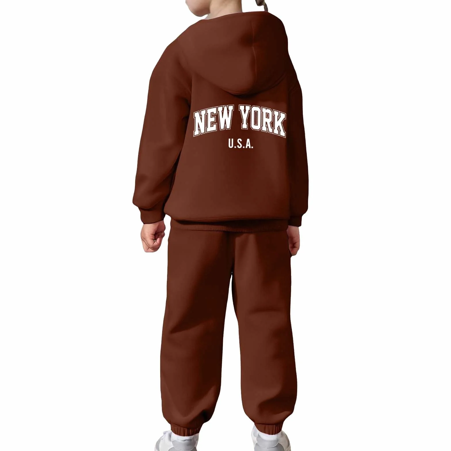 Survêtement enfant 2 pièces Pull manches longues Capuche Pantalon jogging Ensemble chaud Imprimé lettre Café 8-9 ans