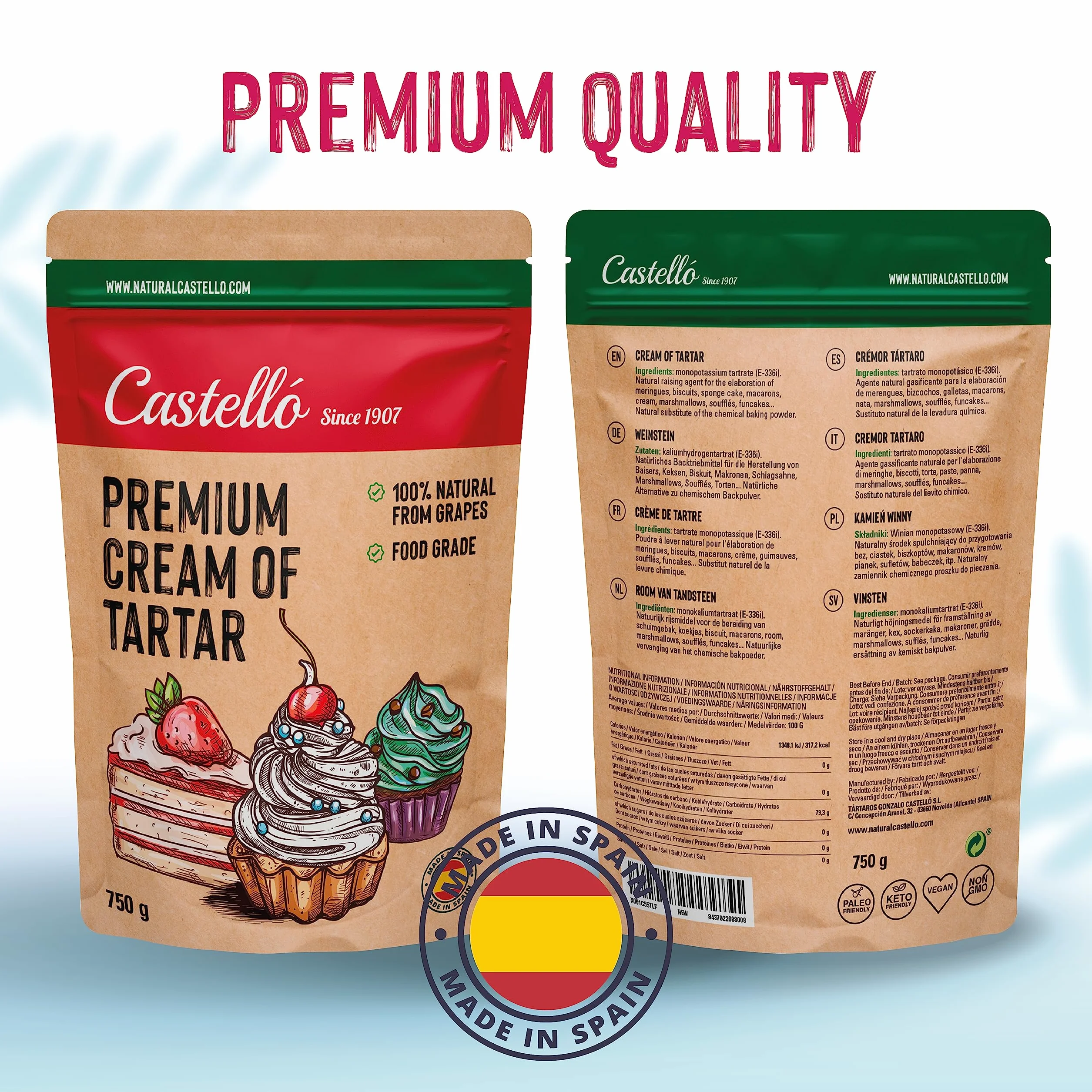 Castello since 1907 Crème de tartre 750 g | 100% Naturel, Substitut Naturel de la levure chimique, Sans Gluten, Sans Phosphates, Keto et Paleo