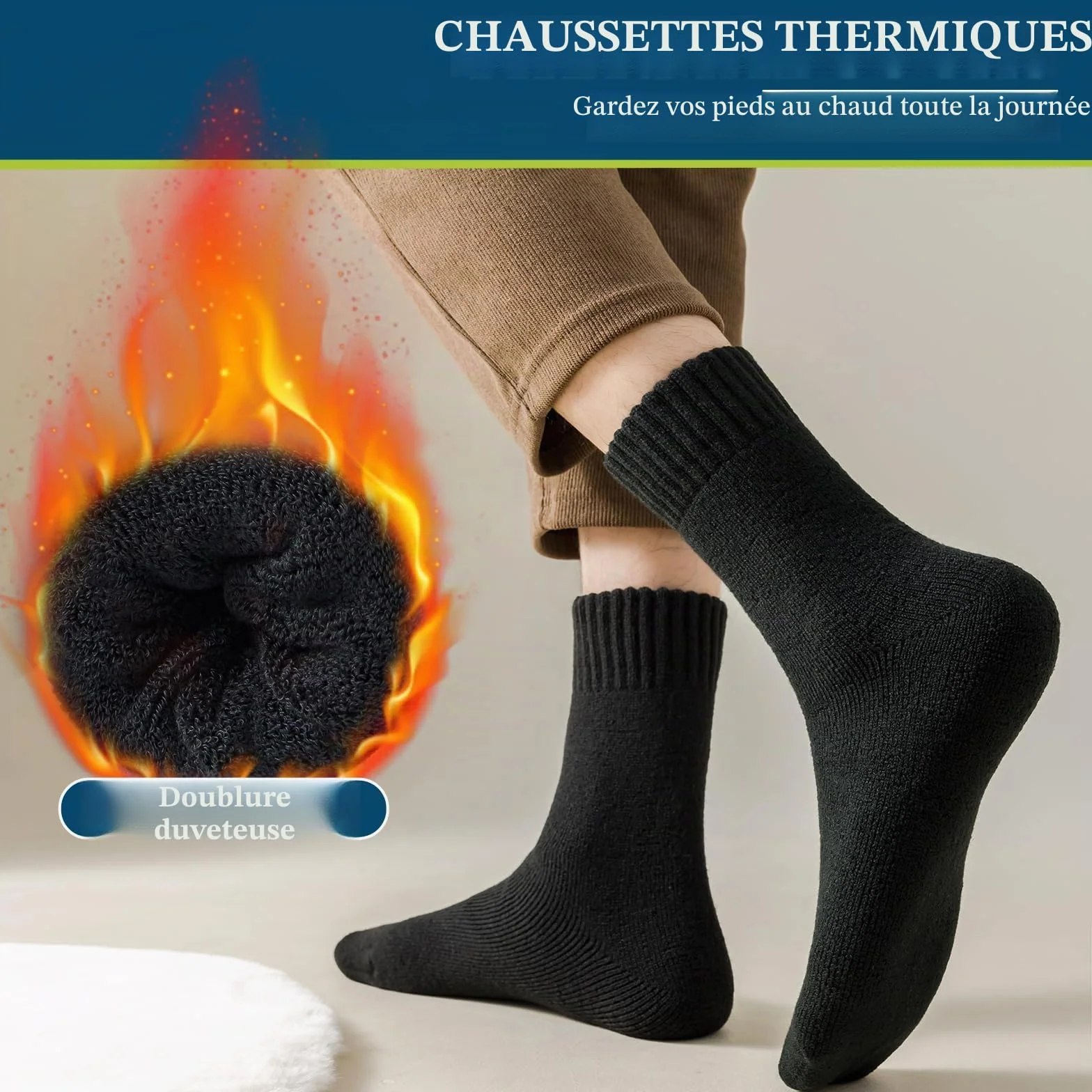 Josnown Chaussettes Chaudes Homme Hiver Thermiques Laine Semelles Épaisses Tissu Éponge Randonnée 5 Paires Taille 39-45