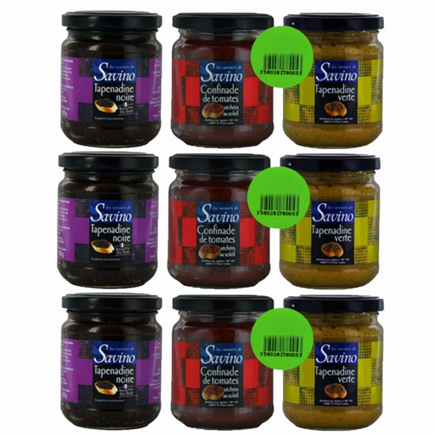 Lot 3x Lot 3x180g - Tapenadine noire + Tapenadine verte + Confinade de tomates - Les Saveurs de Savino