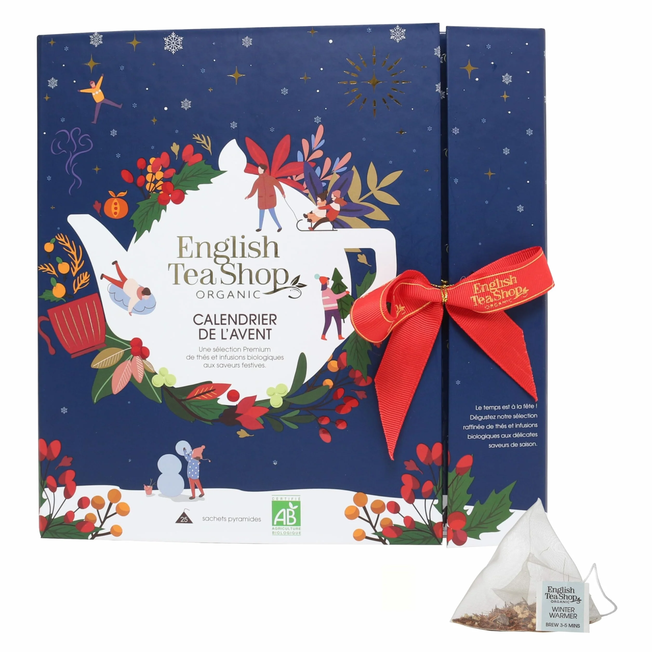 English Tea Shop - Calendrier de l'Avent thé et infusions biologiques - 25 sachets pyramides à découvrir dans chaque case - Livre bleu