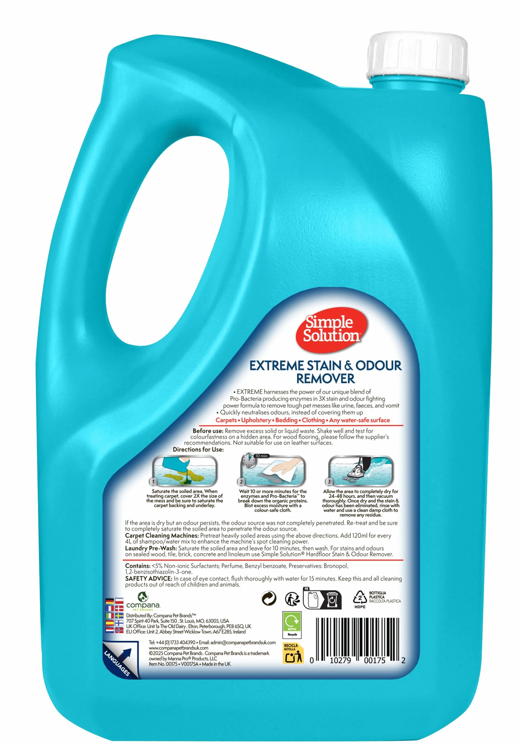 Simple Solution Extreme Pet Stain and Odour Remover, Enzymatic Cleaner with 3X Pro-Bacteria Cleaning Power - Dog and Cat - 4 litre