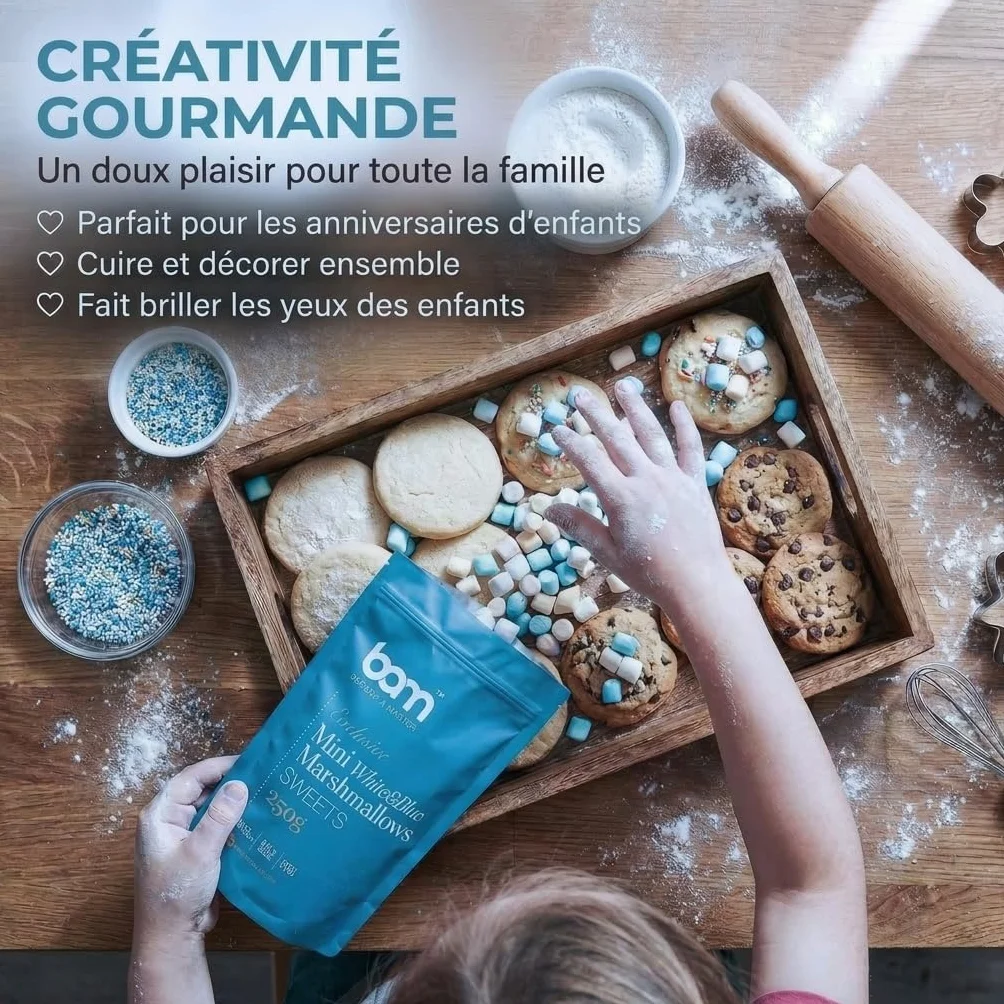 BAM Mini Marshmallow – Guimauves Sucrées Pour Chocolat Chaud, Desserte et Décoration, Blancs et Bleus, 250g
