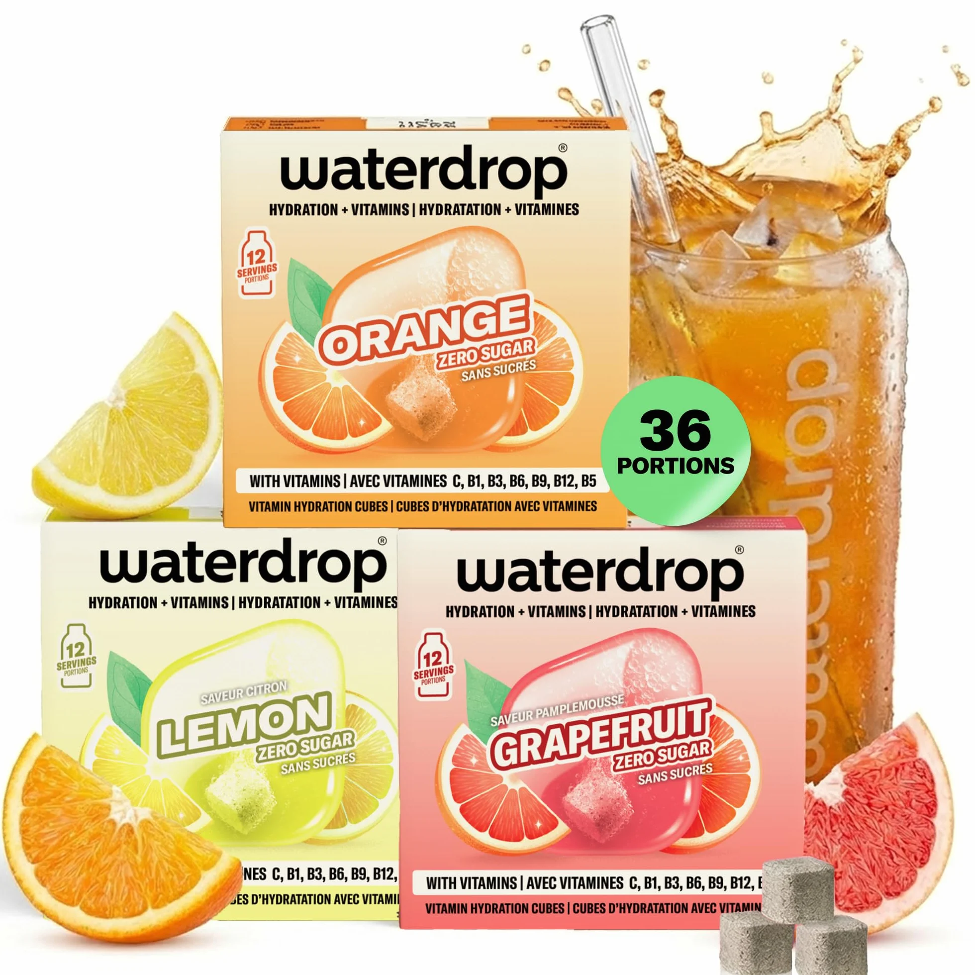 waterdrop® Coffret Microdrink, Orange, Citron et Pamplemousse, 36 boisson en cube effervescente sans sucre pour aromatiser l'eau, Extraits de fruits et de plantes, Eau Aromatisée infusion à froid