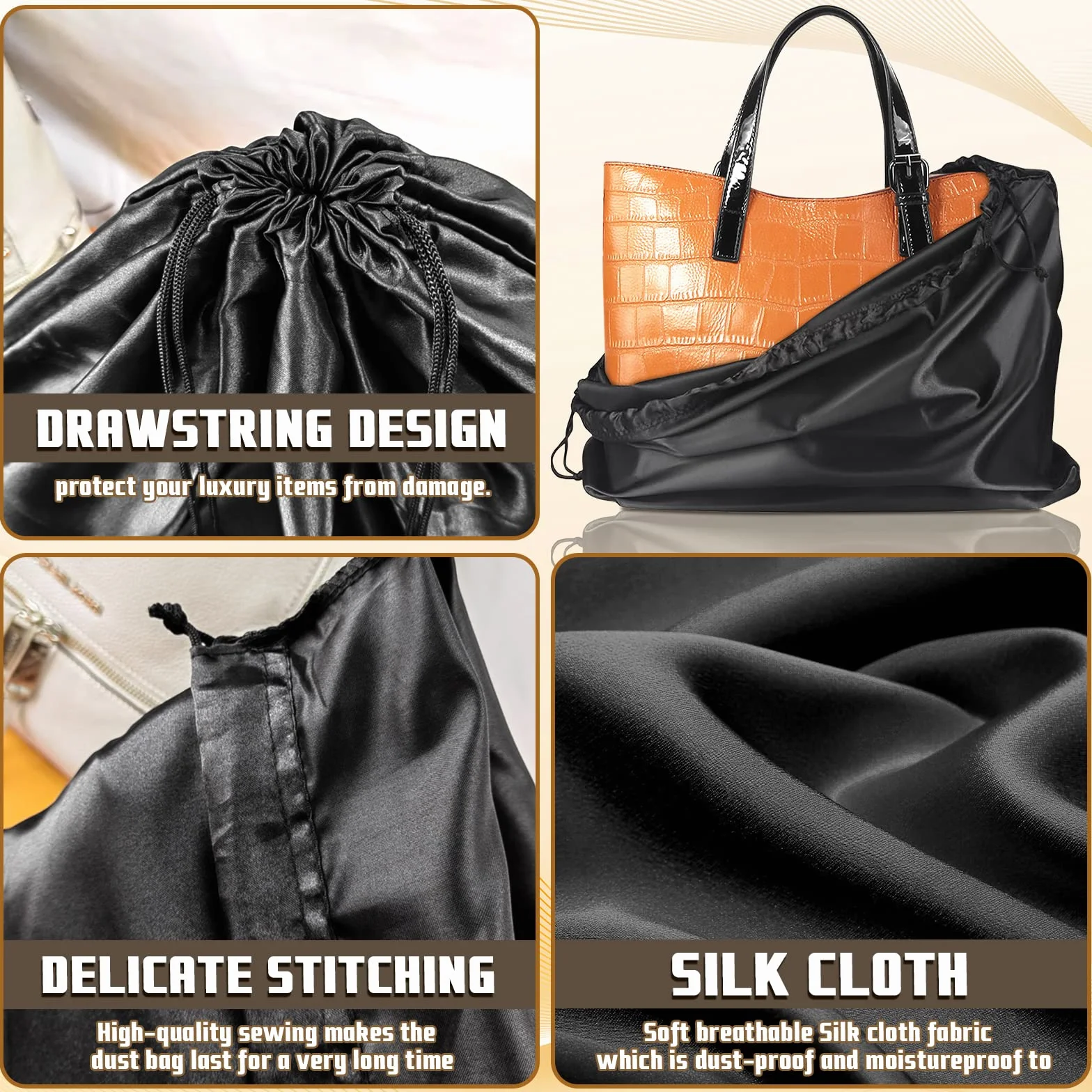 Housse de Protection pour Sac de Rangement en Tissu de Soie, avec Sac à Cordon, 50 x 40 cm