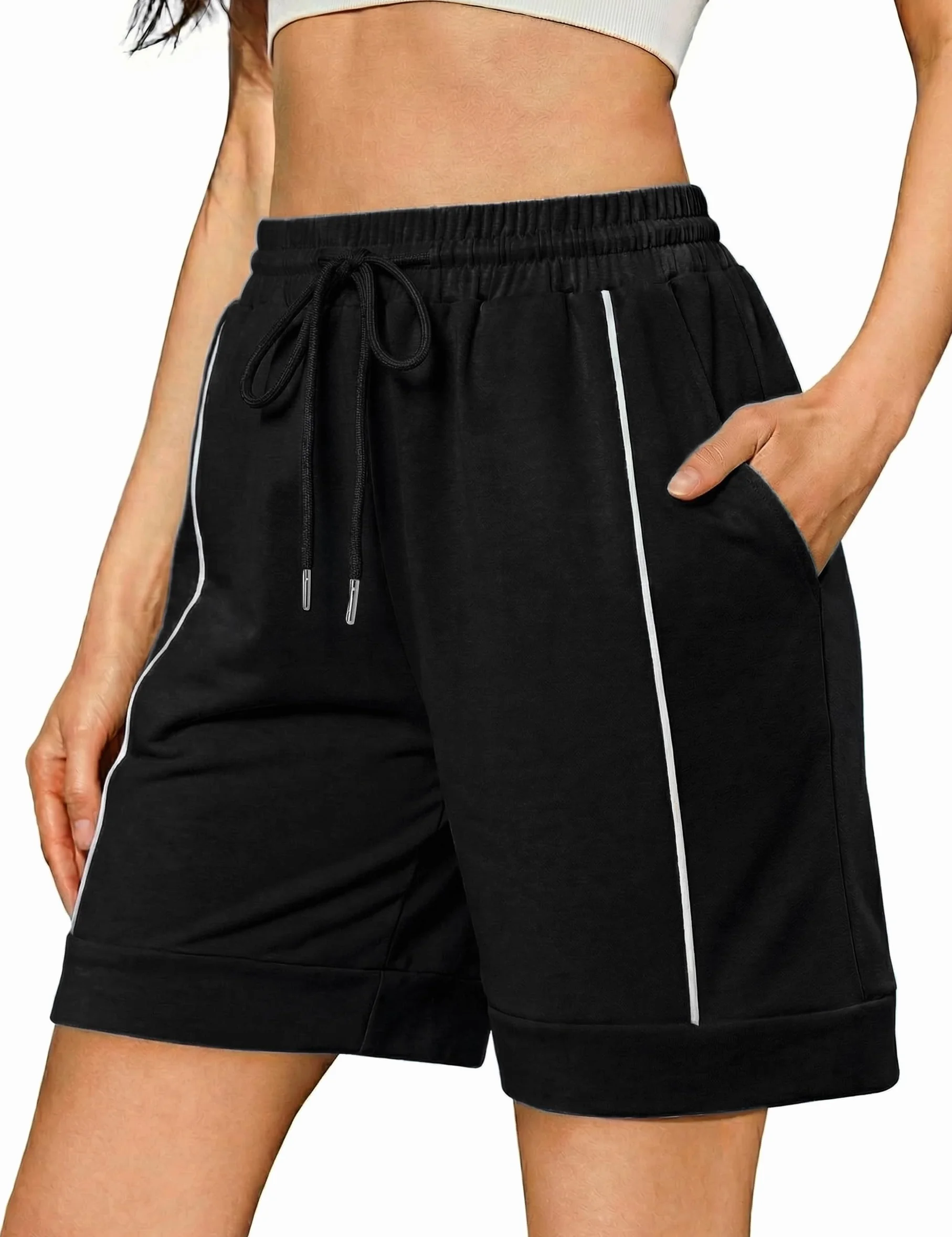 Short Sport Femme Ete Rayures Verticales Coupe Ample avec Poches pour Jogging Running Fitness