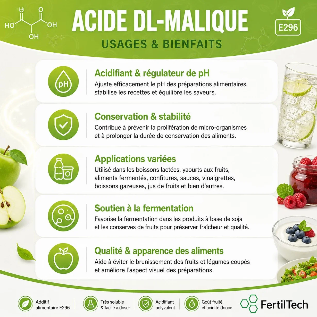 FertilTech Acide Malique Alimentaire 750 g Acidifiant Naturel Qualité Alimentaire Pour Boissons Confiseries et Pâtisseries Goût Acidulé Fruité Convient aux Recettes Maison Formule Vegan