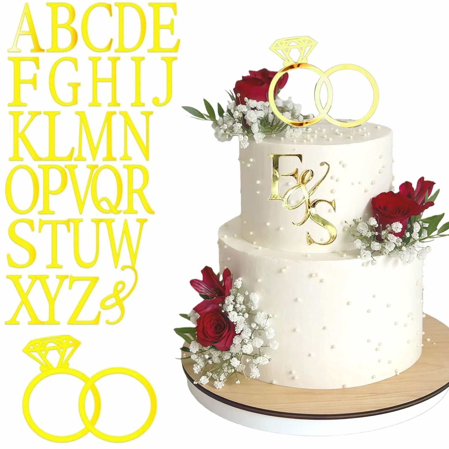 Figurine de gâteau de mariage avec anneau en diamant - 26 lettres personnalisables Panneau des initiales du couple pour mariage anniversaire fiançailles demande décoration de gâteau de