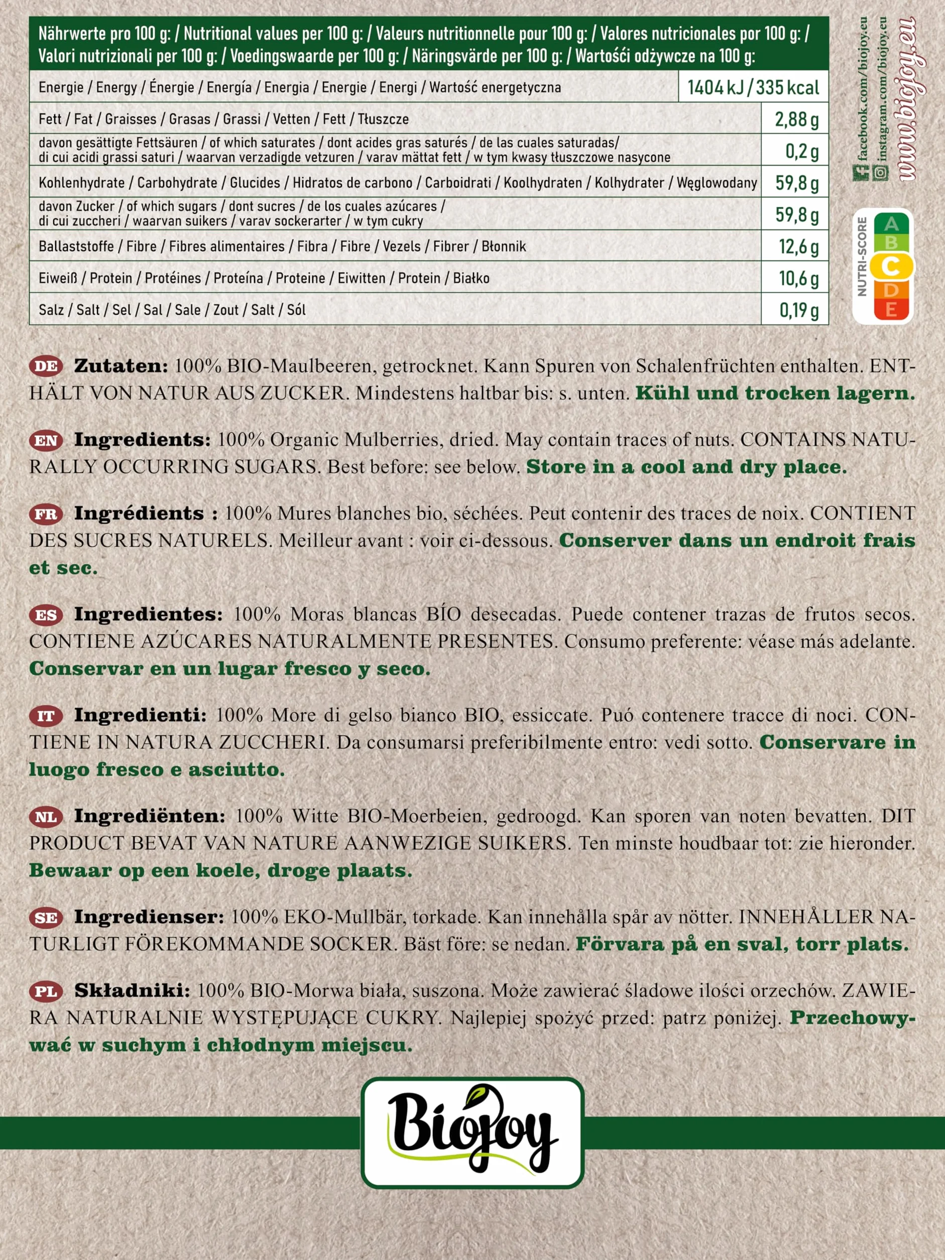 Biojoy Mûres blanches séchées BIO (1 kg), entières et non-soufrés